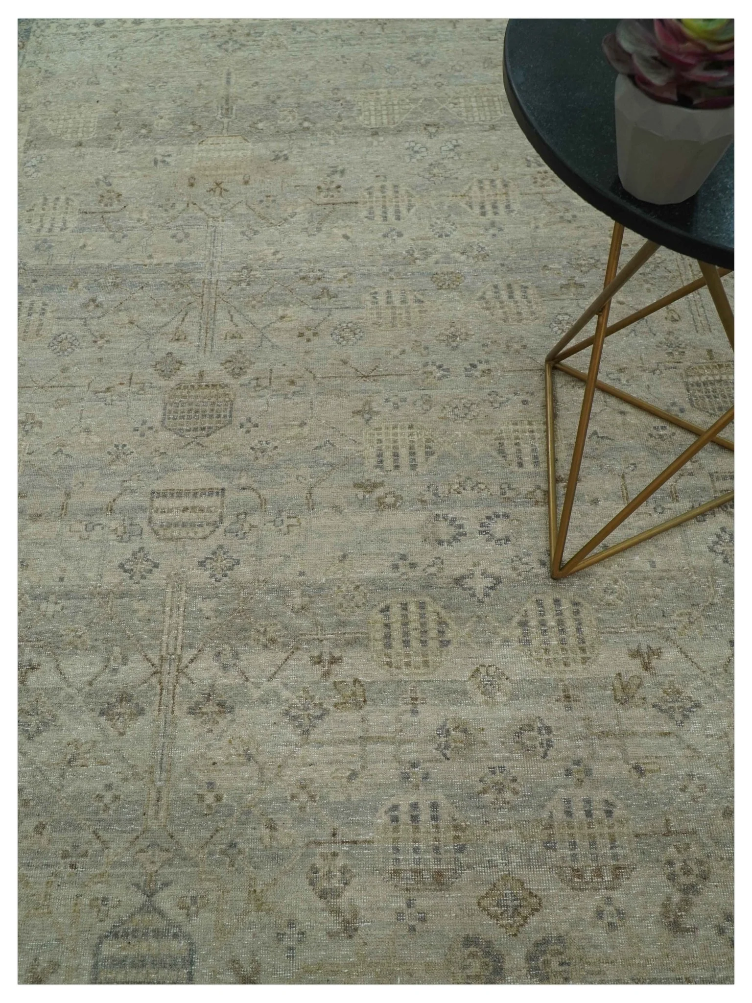 Distressed Silver And Beige Hand Knotted khotan design Custom Made wool area rug - Image 3