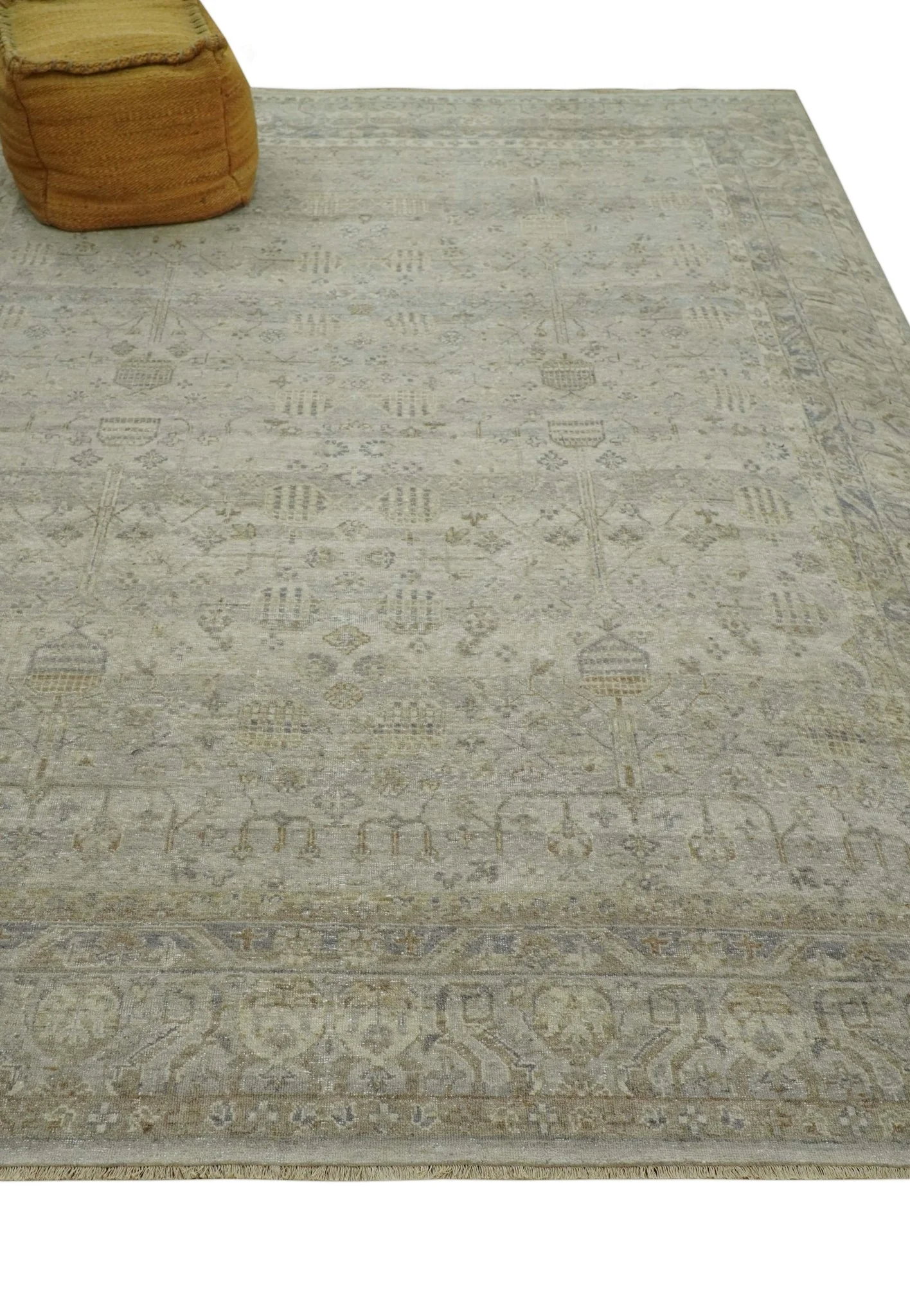 Distressed Silver And Beige Hand Knotted khotan design Custom Made wool area rug - Image 4