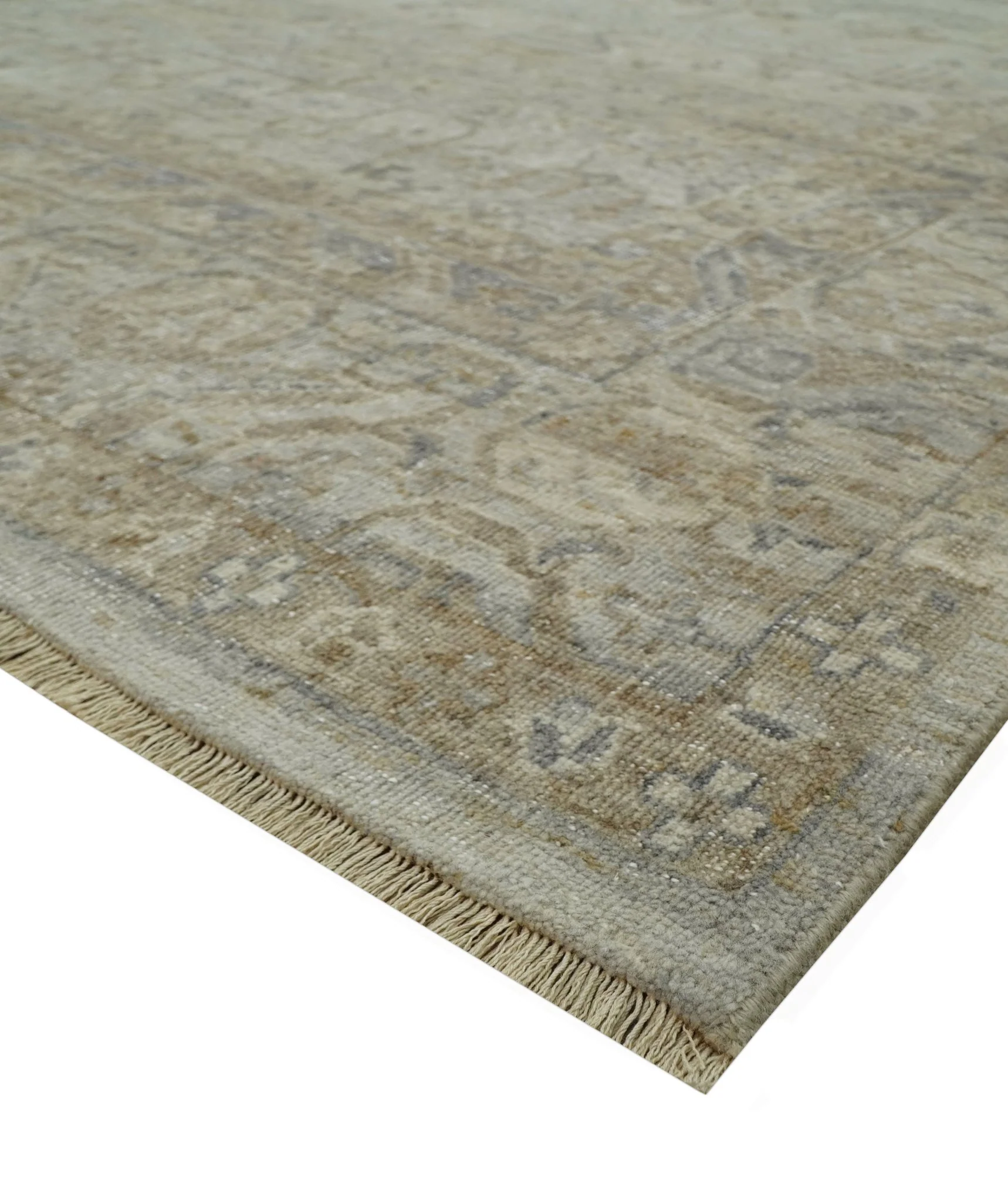 Distressed Silver And Beige Hand Knotted khotan design Custom Made wool area rug - Image 9