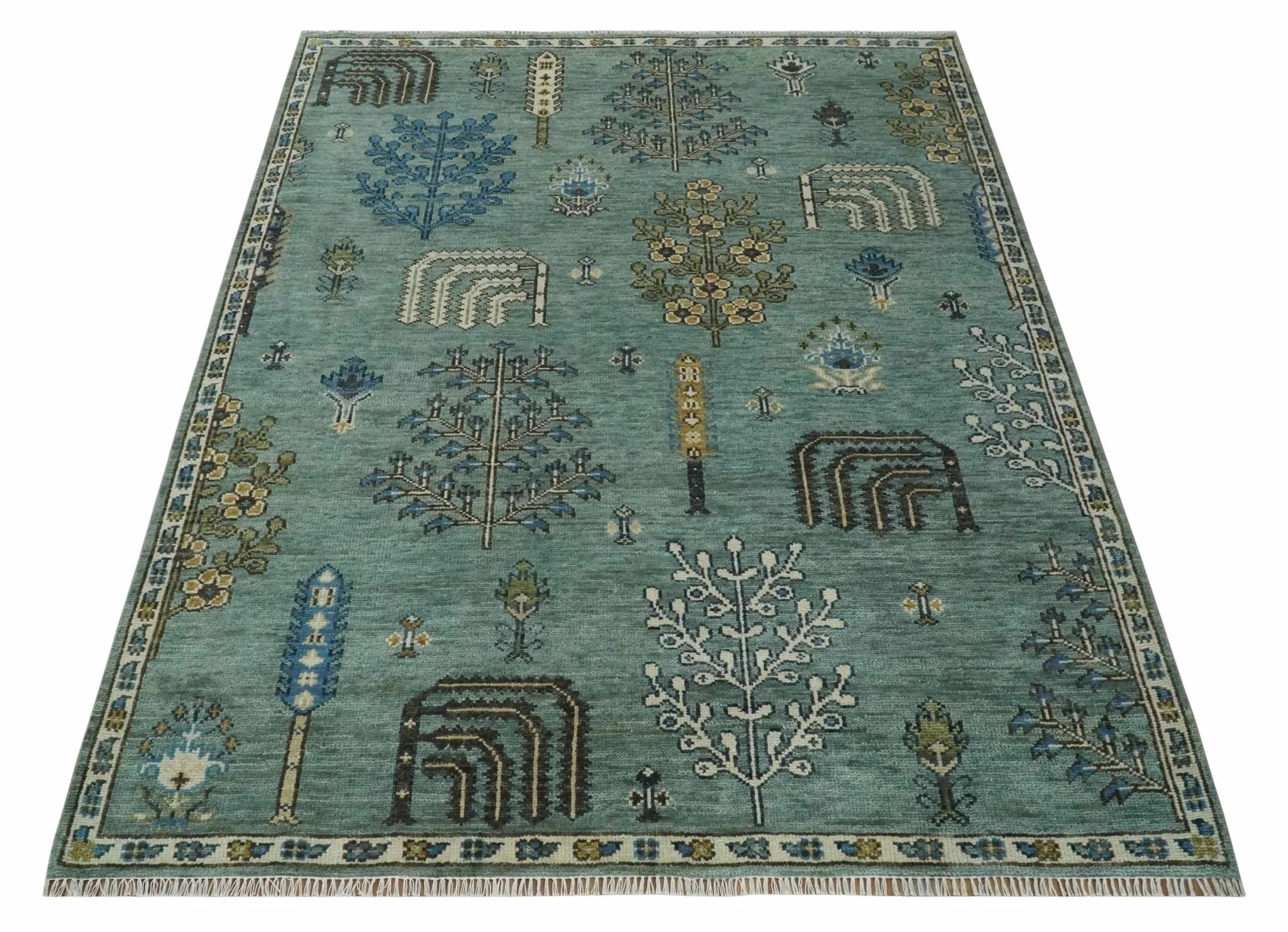 Tree of Life Green Traditional Hand Knotted Turkish Design 8x10 Wool Area Rug - Image 3