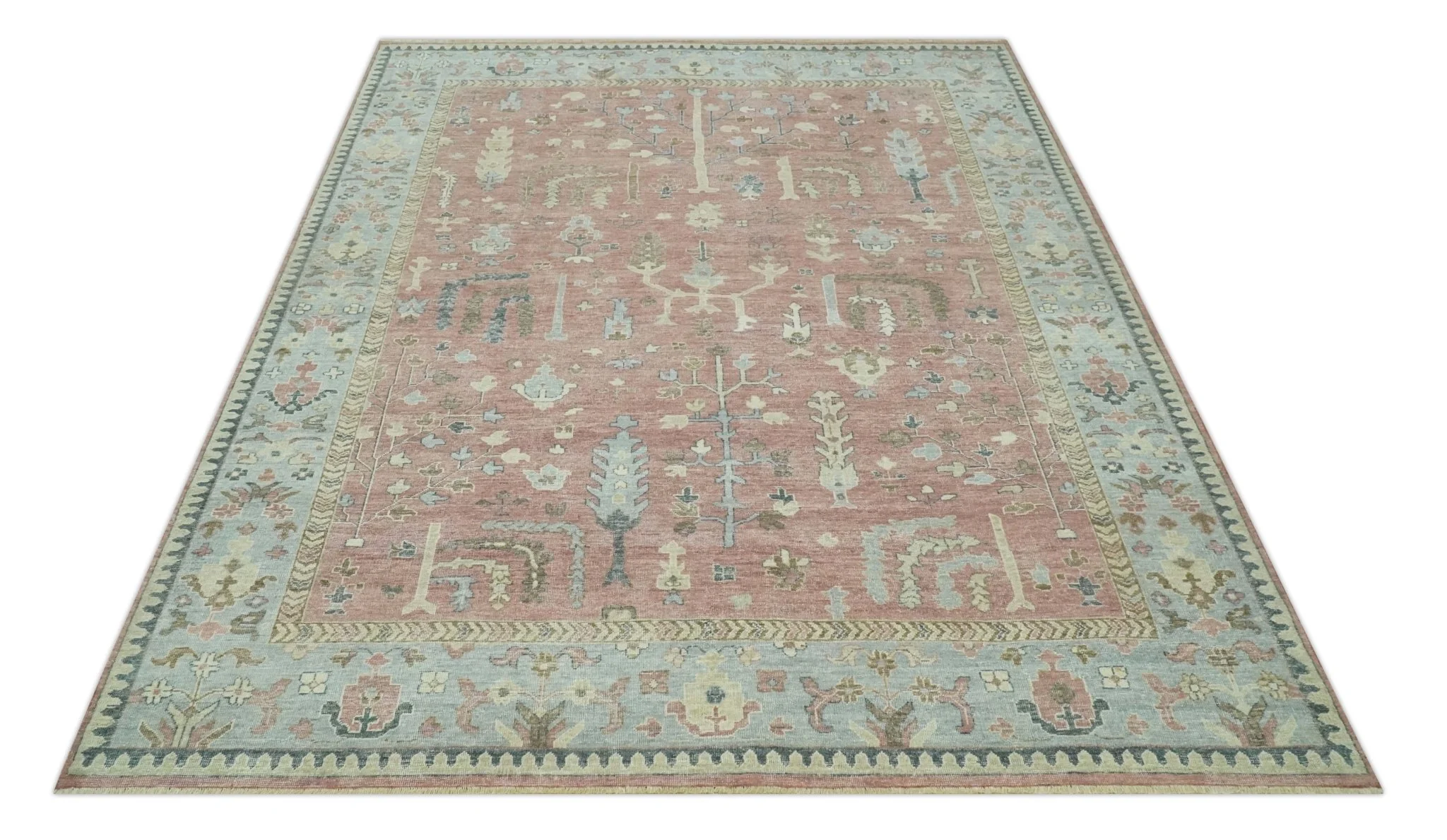 Distress Finished Tree of Life Hand Knotted Rust and Blue 9x12 Wool Rug - Image 10