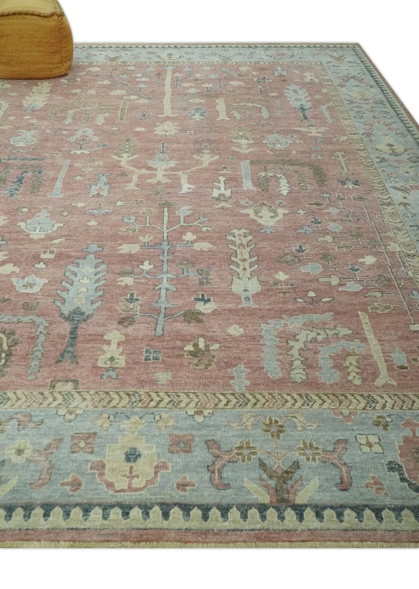 Distress Finished Tree of Life Hand Knotted Rust and Blue 9x12 Wool Rug - Image 3