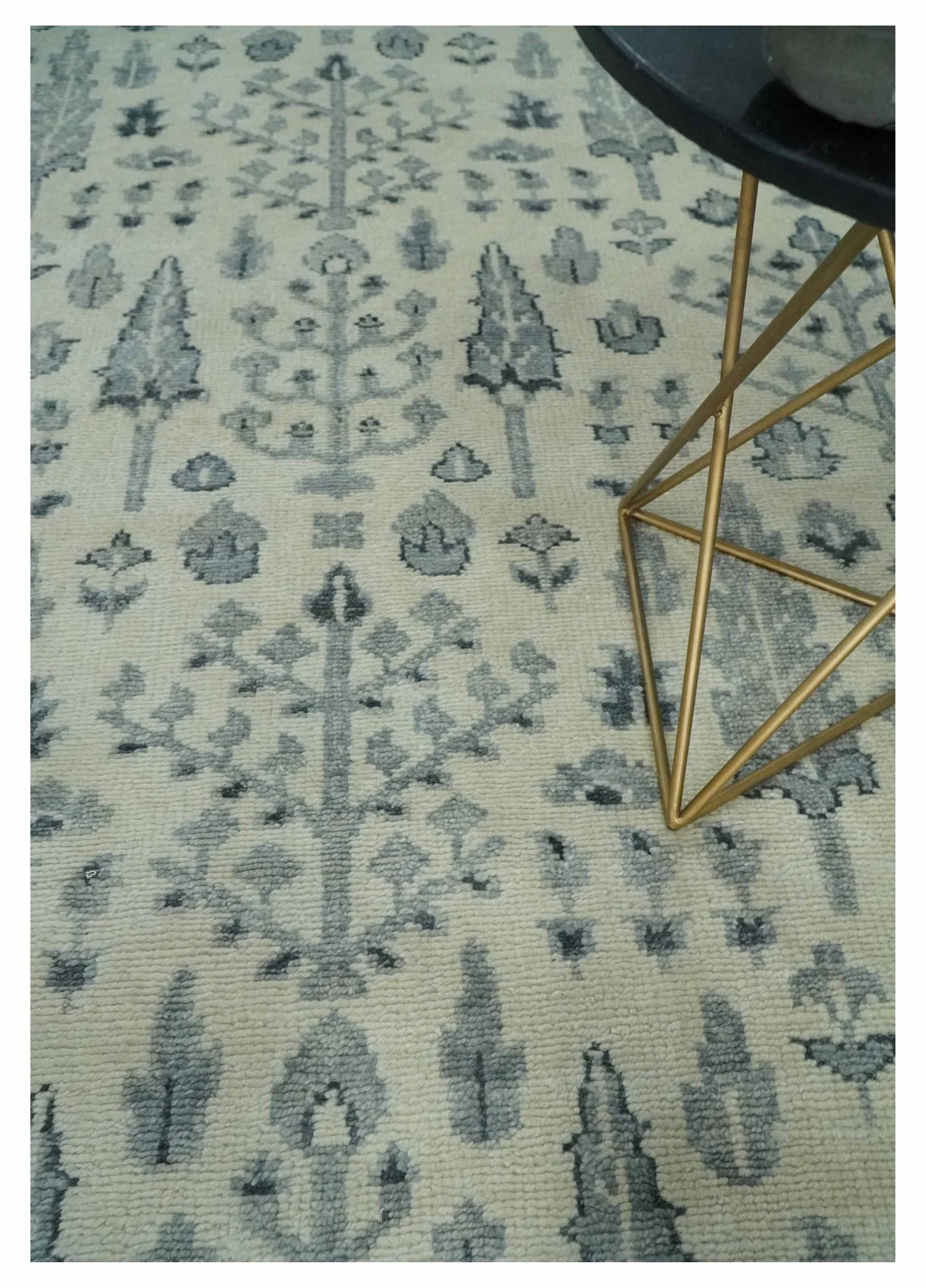 Tree of Life Hand Knotted Ivory and Charcoal Traditional Oushak Custom Made Wool Rug - Image 2