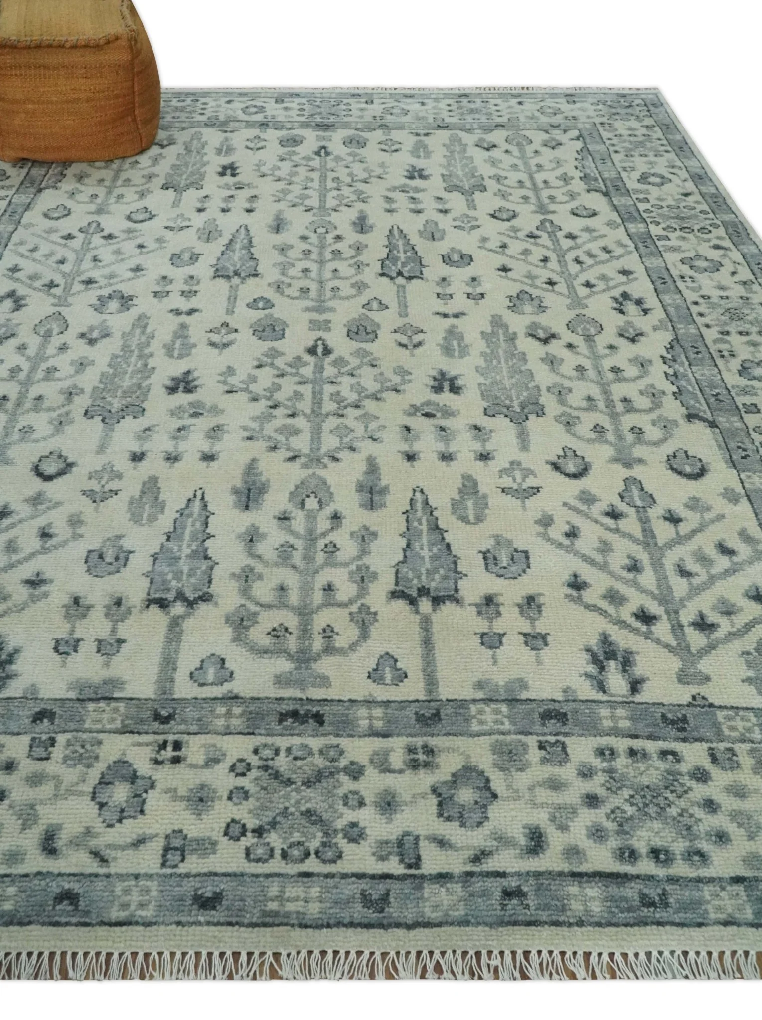 Tree of Life Hand Knotted Ivory and Charcoal Traditional Oushak Custom Made Wool Rug - Image 3
