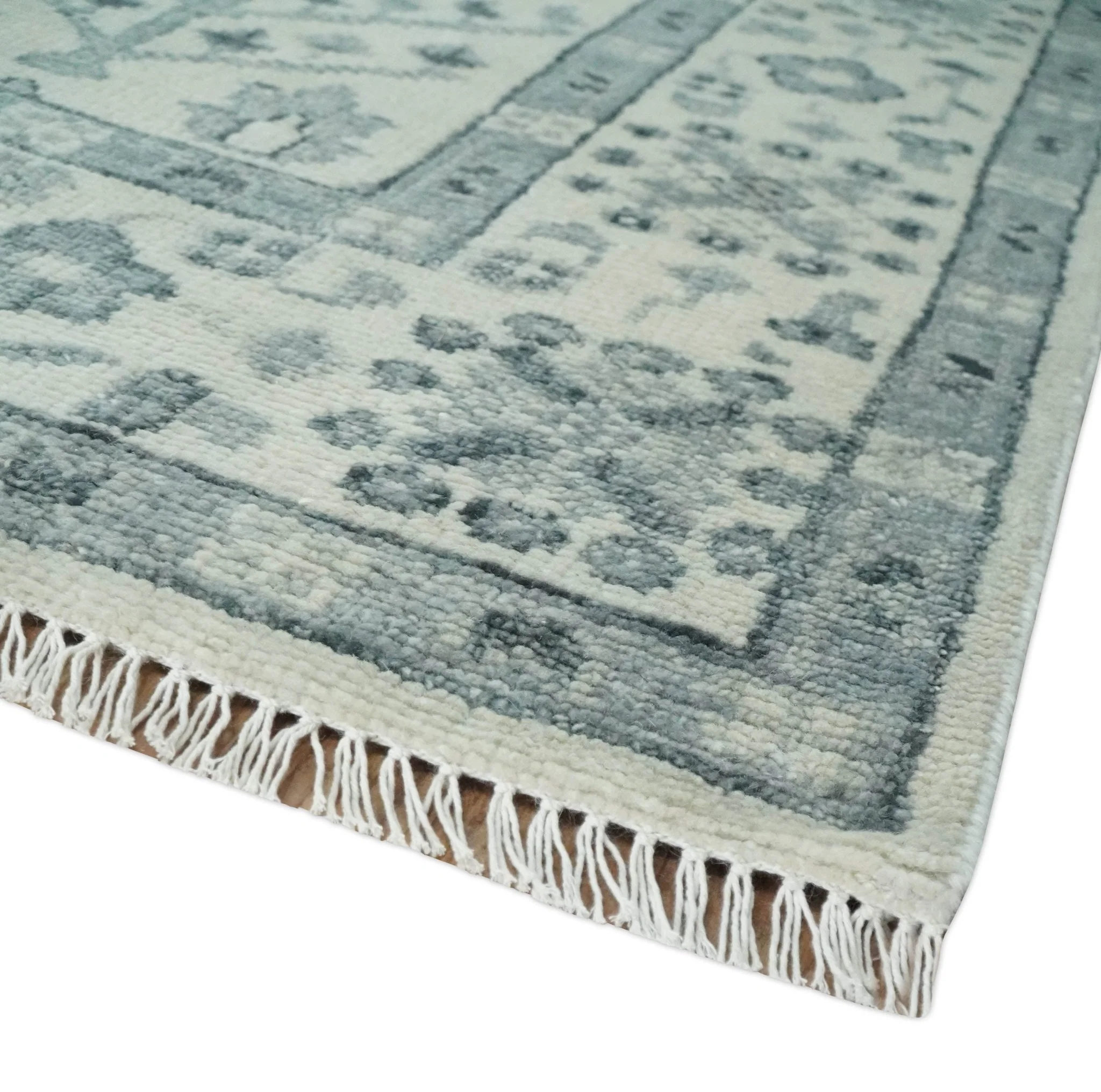 Tree of Life Hand Knotted Ivory and Charcoal Traditional Oushak Custom Made Wool Rug - Image 5