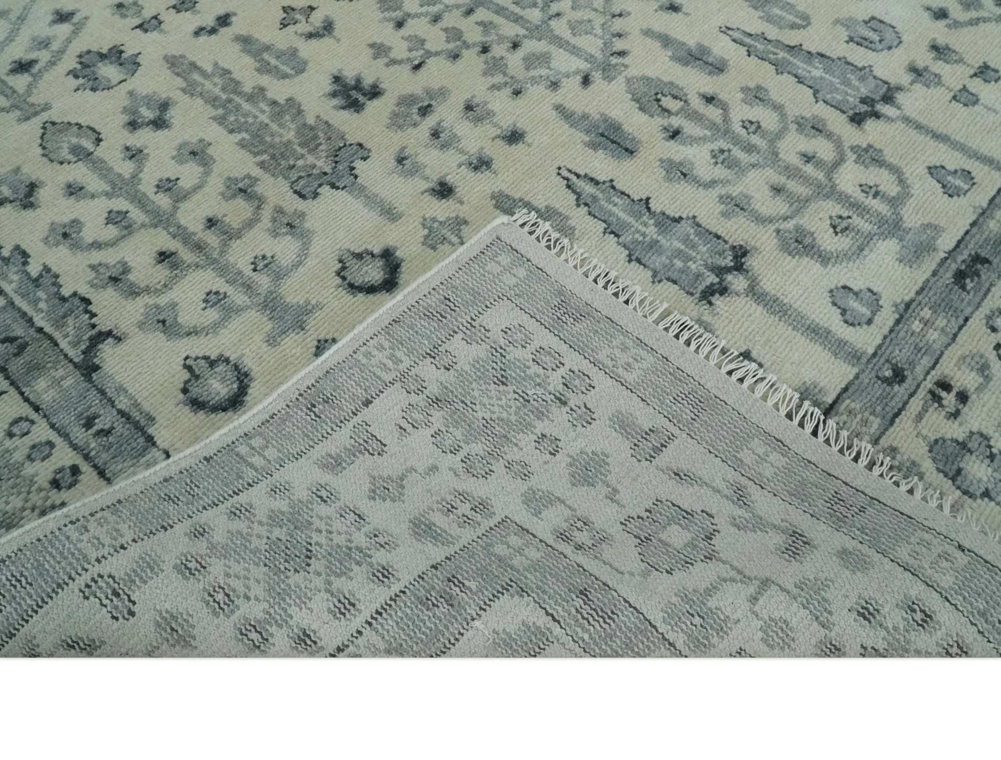 Tree of Life Hand Knotted Ivory and Charcoal Traditional Oushak Custom Made Wool Rug - Image 6