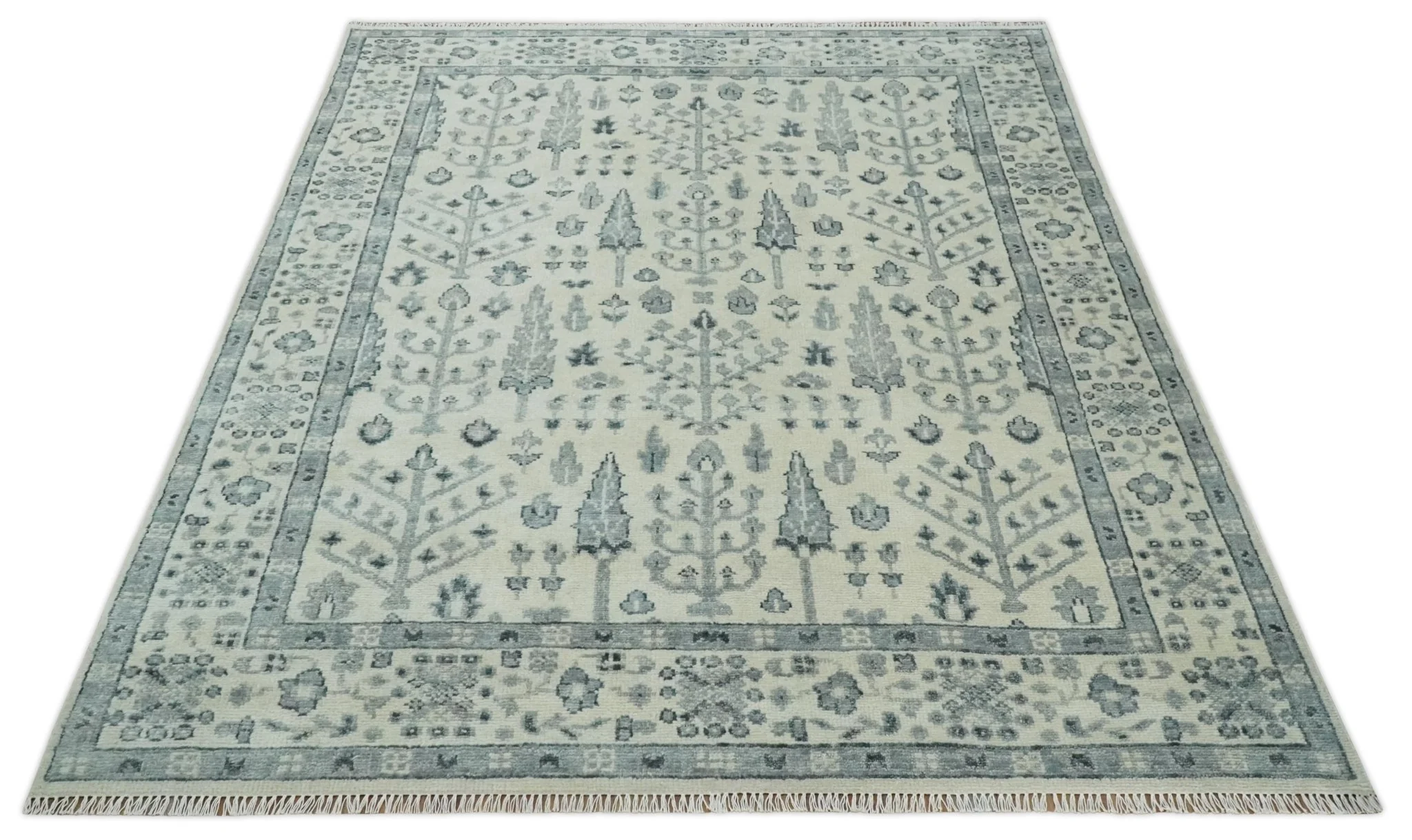 Tree of Life Hand Knotted Ivory and Charcoal Traditional Oushak 8x10 Wool Rug - Image 10