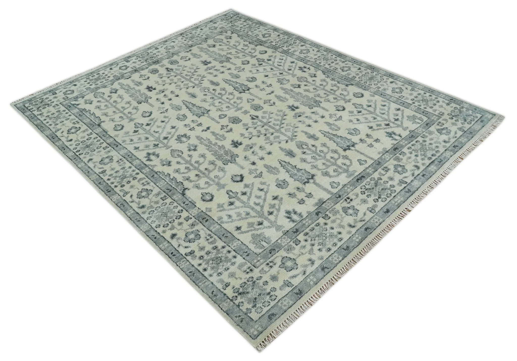 Tree of Life Hand Knotted Ivory and Charcoal Traditional Oushak 8x10 Wool Rug - Image 9
