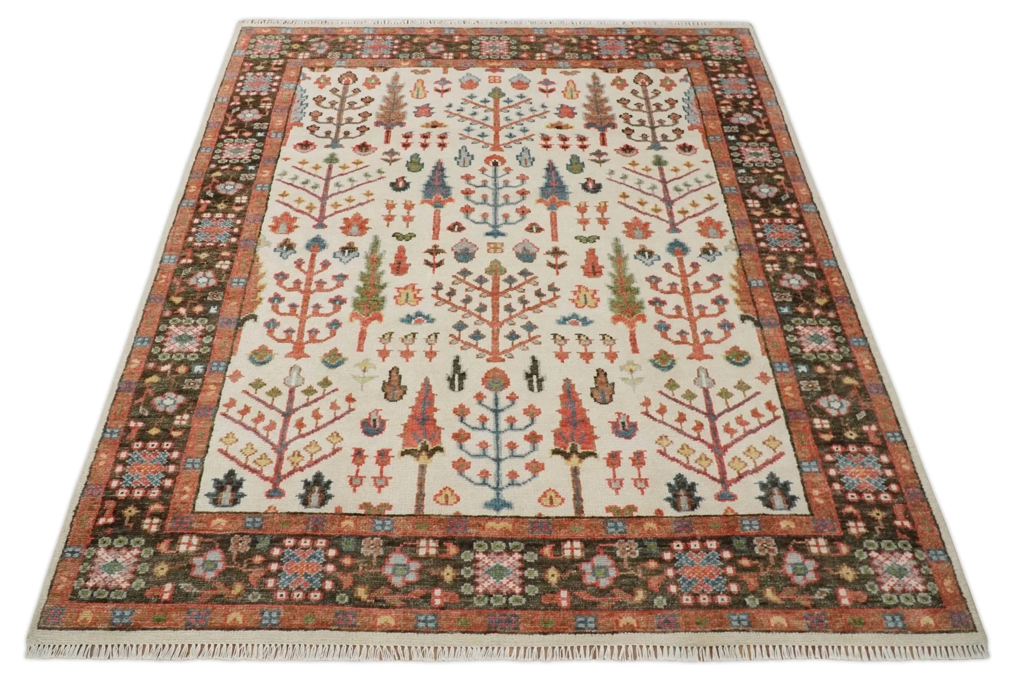 Tree of Life Hand Knotted Ivory, Brown and Rust Traditional Oushak Multi Size Wool Rug - Image 9