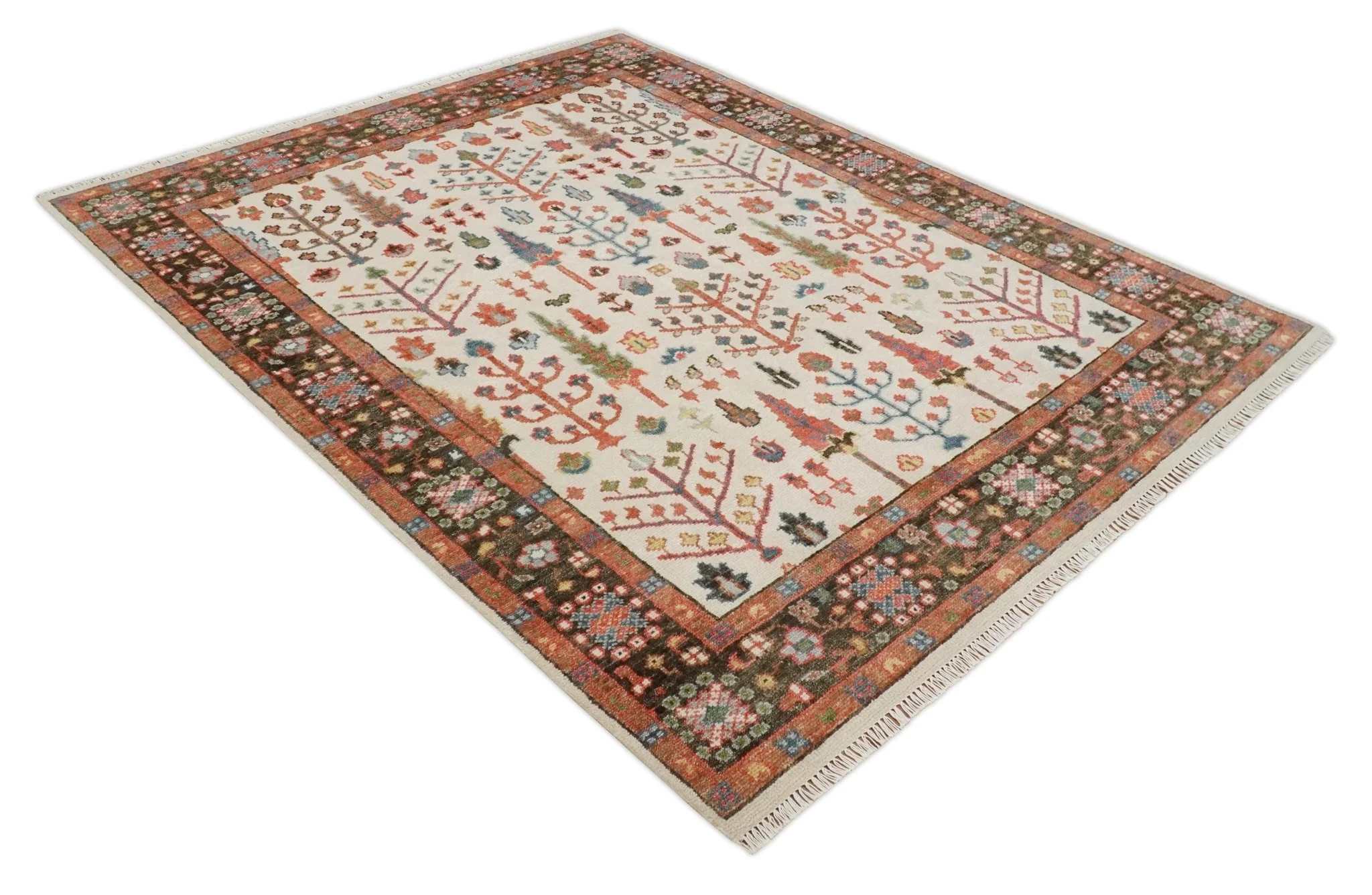 Tree of Life 8x10 Hand Knotted Ivory, Brown and Rust Traditional Oushak Wool Rug - Image 10