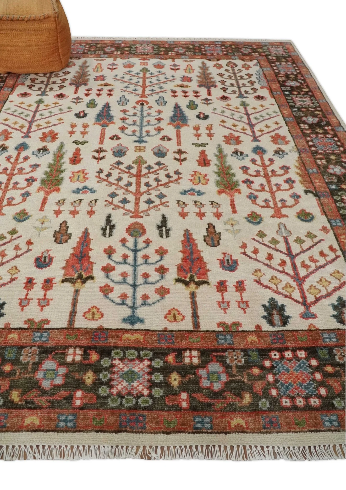 Tree of Life 8x10 Hand Knotted Ivory, Brown and Rust Traditional Oushak Wool Rug - Image 3