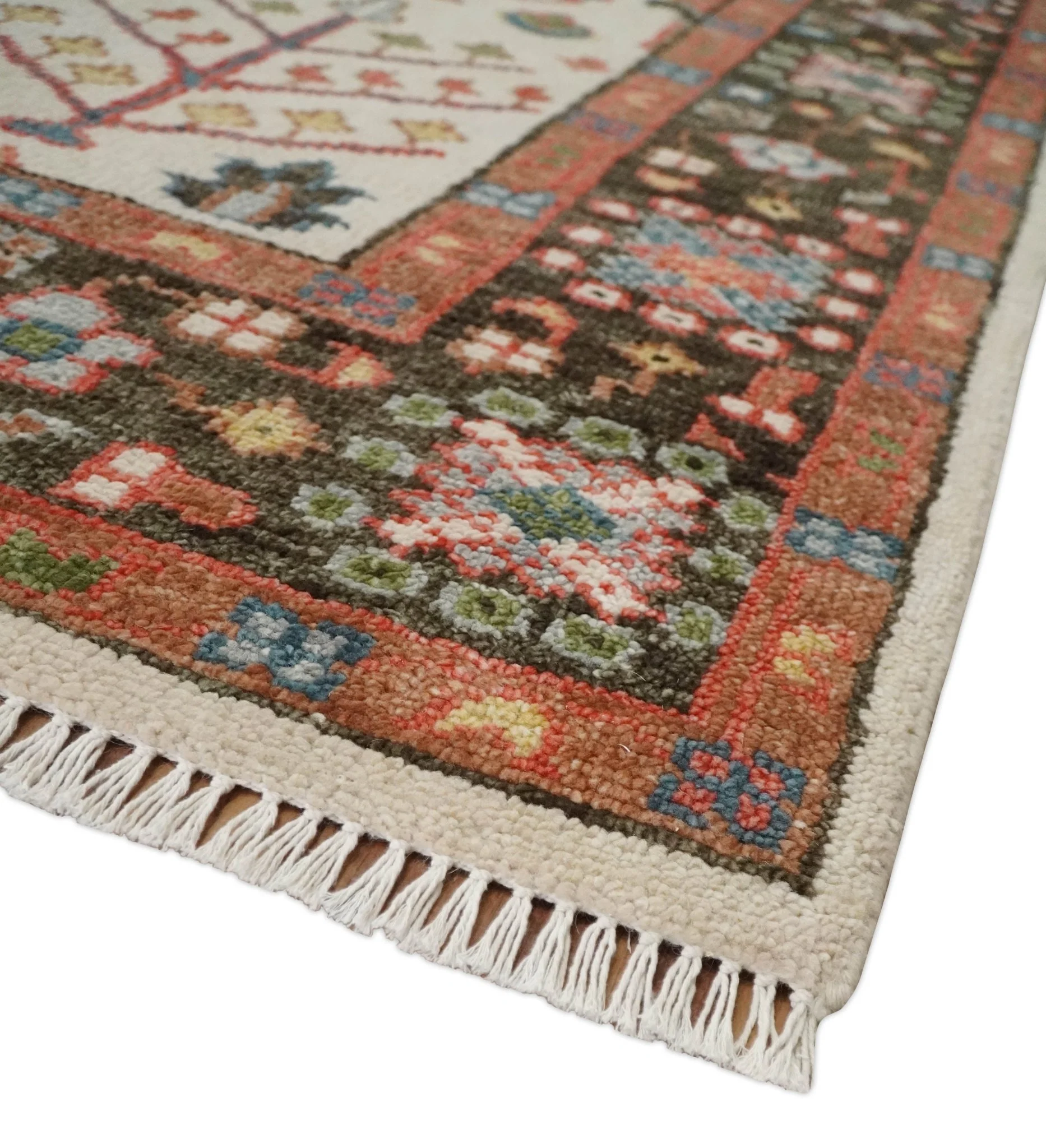 Tree of Life 8x10 Hand Knotted Ivory, Brown and Rust Traditional Oushak Wool Rug - Image 5