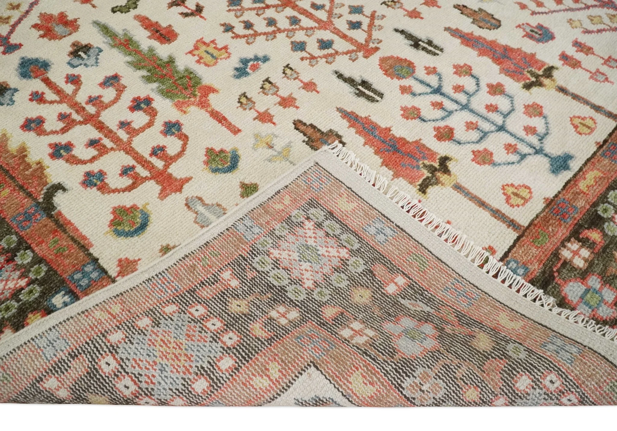 Tree of Life 8x10 Hand Knotted Ivory, Brown and Rust Traditional Oushak Wool Rug - Image 7