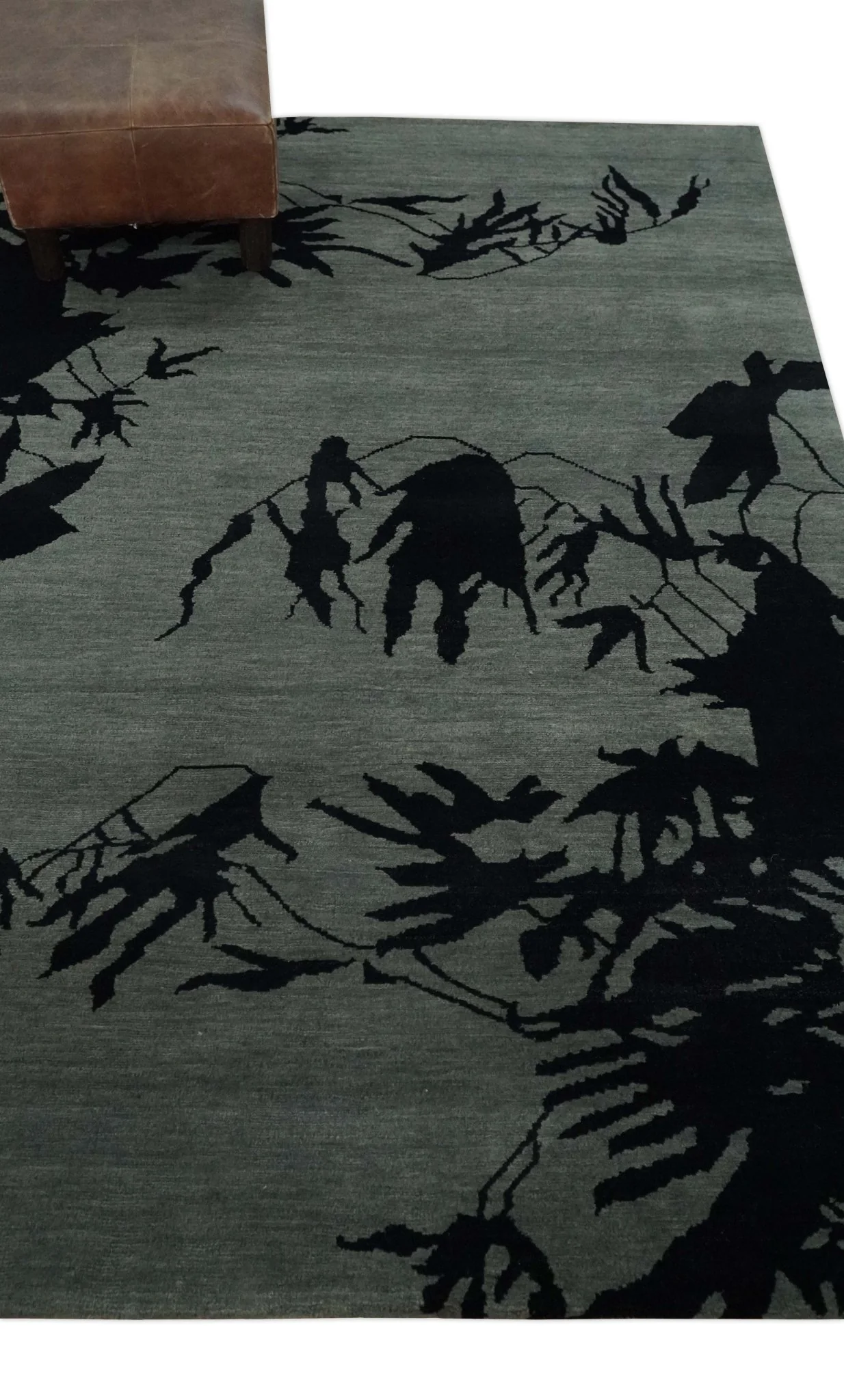 Tree of life leaf Art Gray and Black 5x6.6 Hand knotted wool Area Rug - Image 3