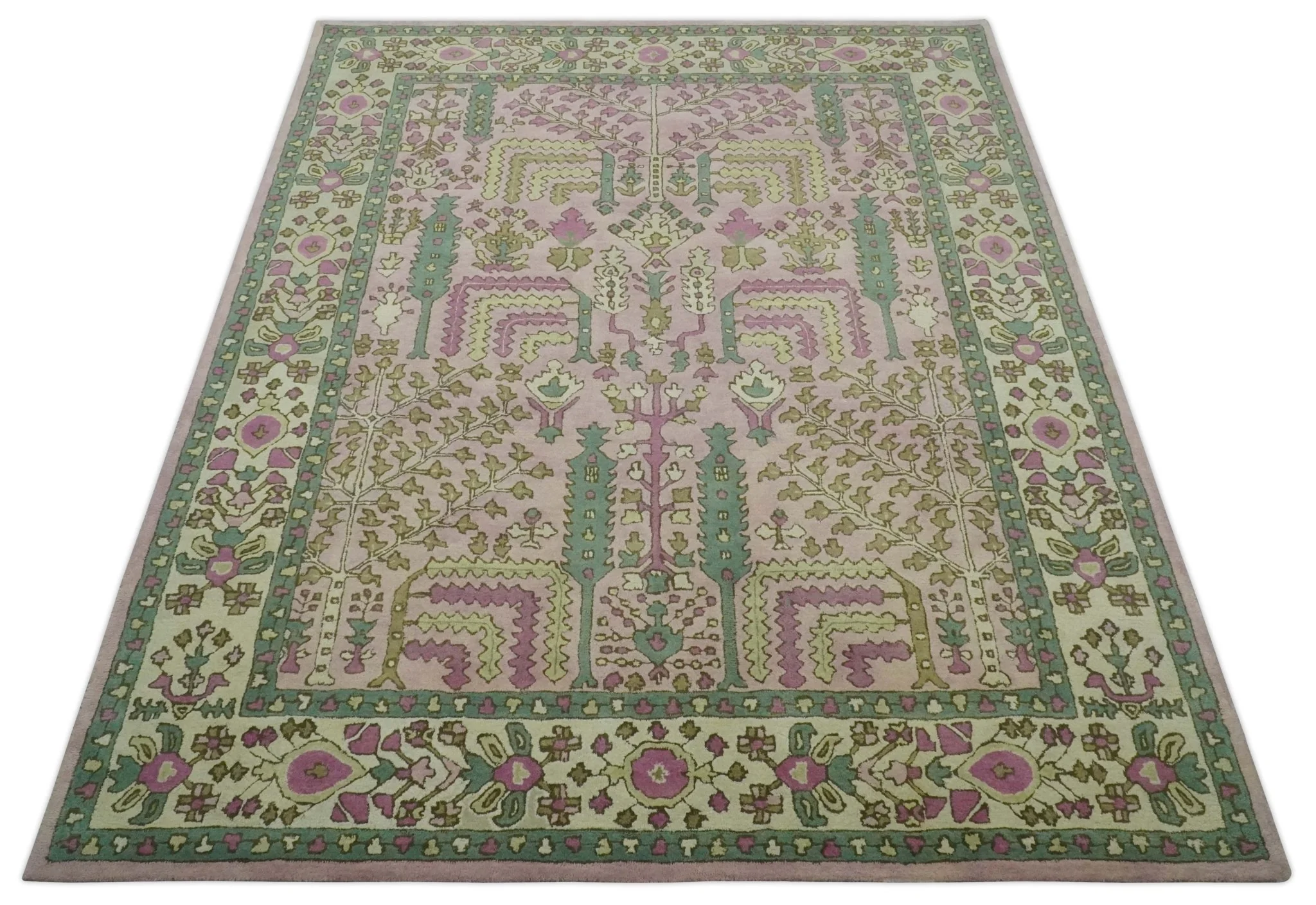 Custom Made Tree of life Traditional Floral Light Purple, Green, Olive and Beige Hand Tufted wool Area Rug - Image 11