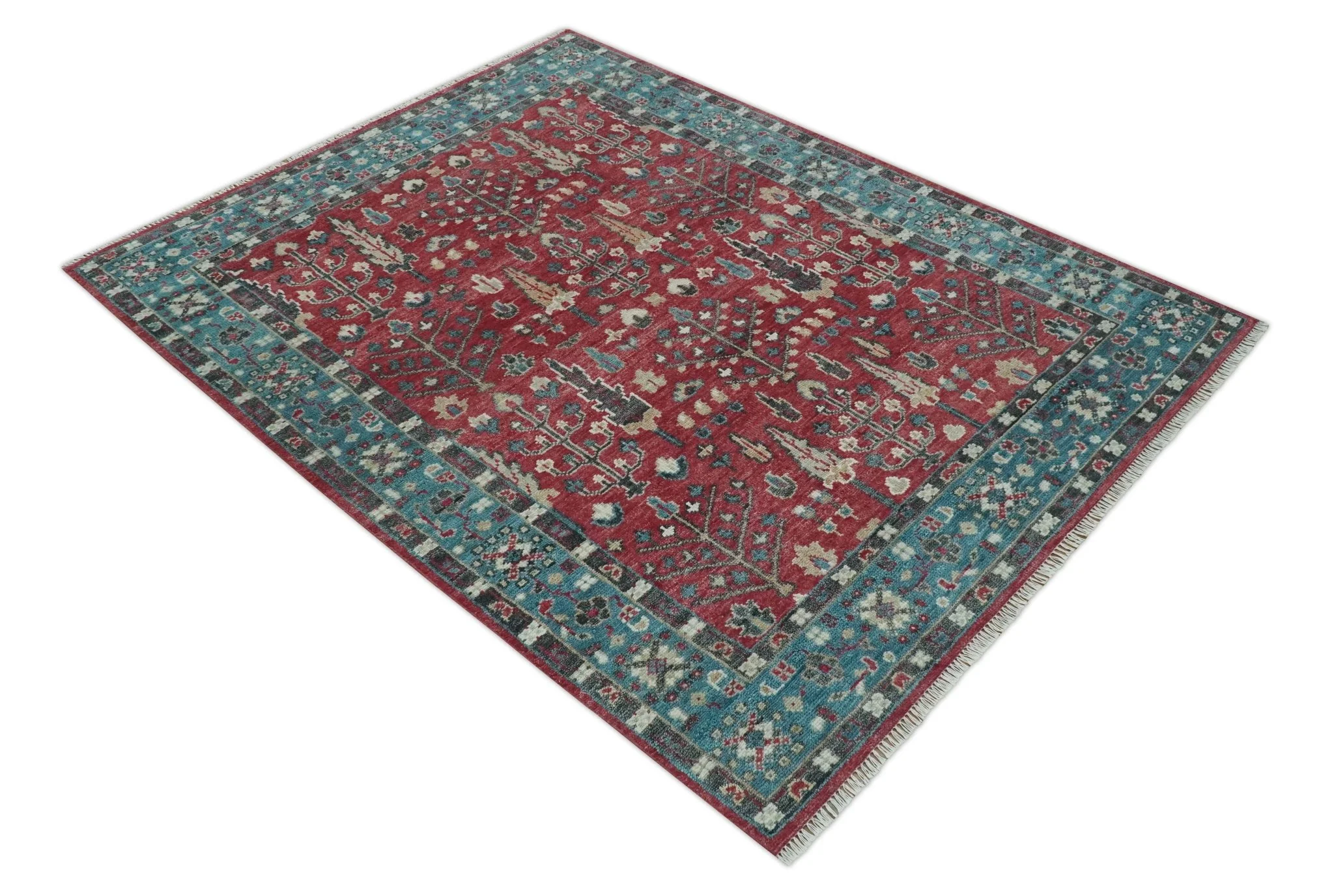 Tree of Life Hand Knotted 8x10 Maroon and Blue Traditional Wool area Rug - Image 10