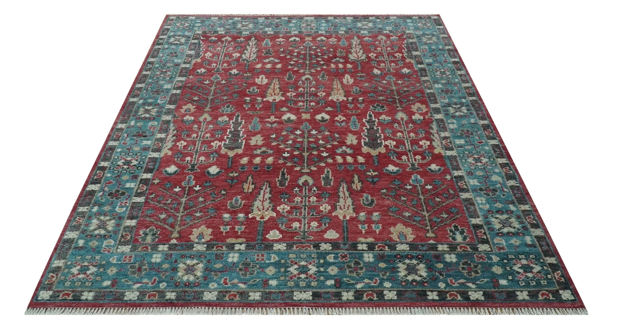 Tree of Life Hand Knotted 8x10 Maroon and Blue Traditional Wool area Rug - Image 11
