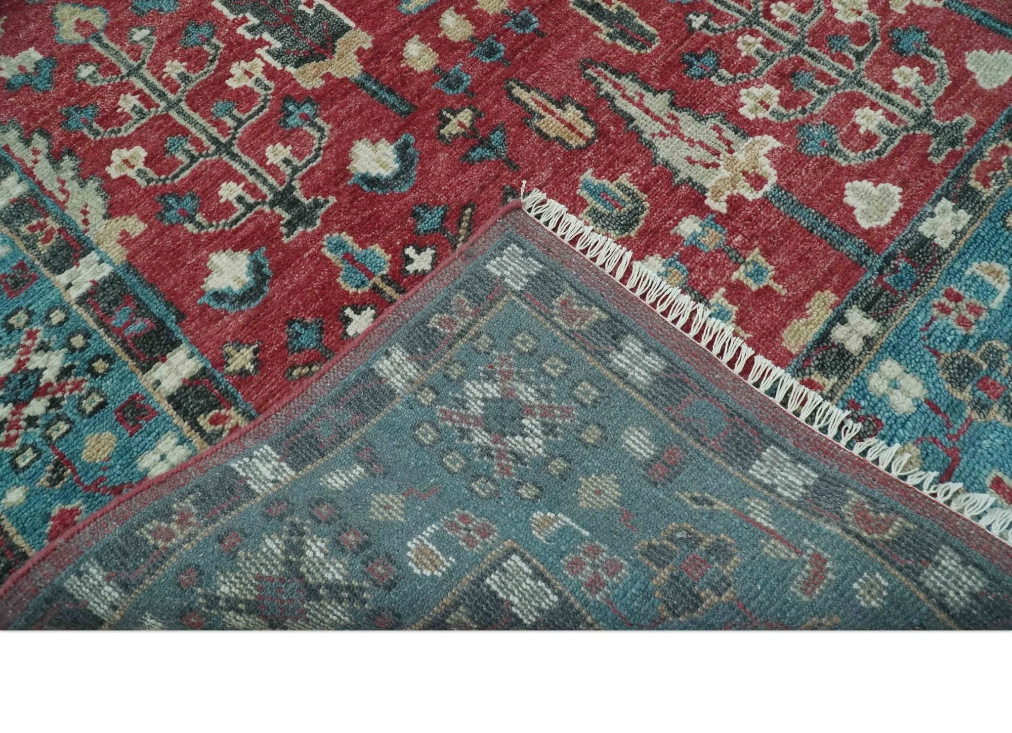 Tree of Life Hand Knotted 8x10 Maroon and Blue Traditional Wool area Rug - Image 7