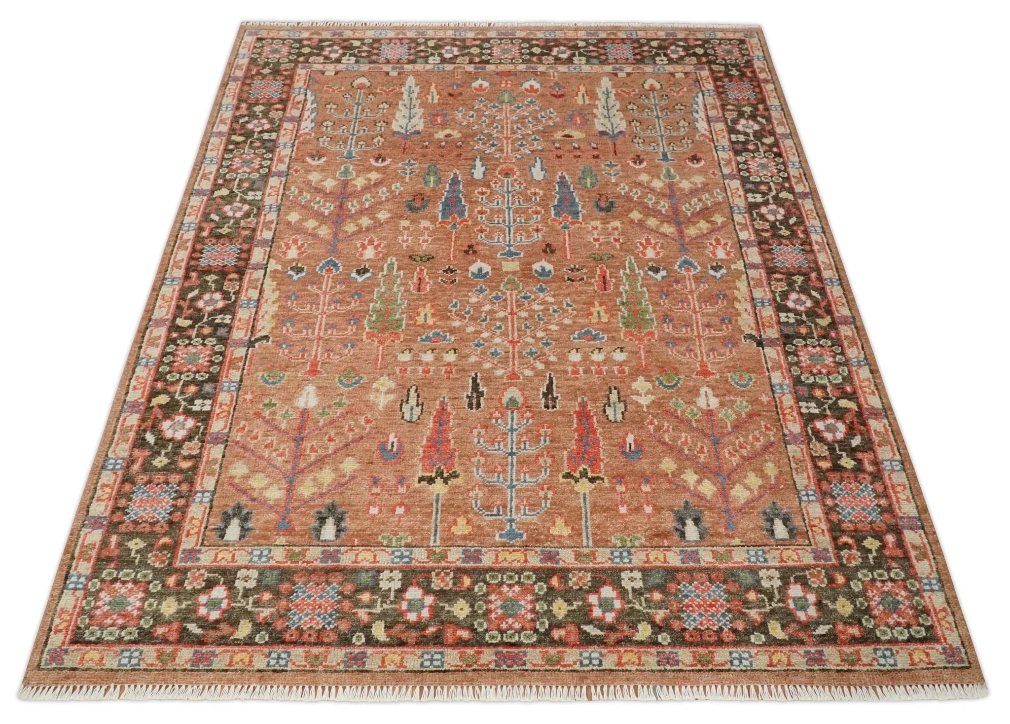 Traditional Oushak Tree of Life Rust and Brown Hand Knotted Wool Rug - Image 10