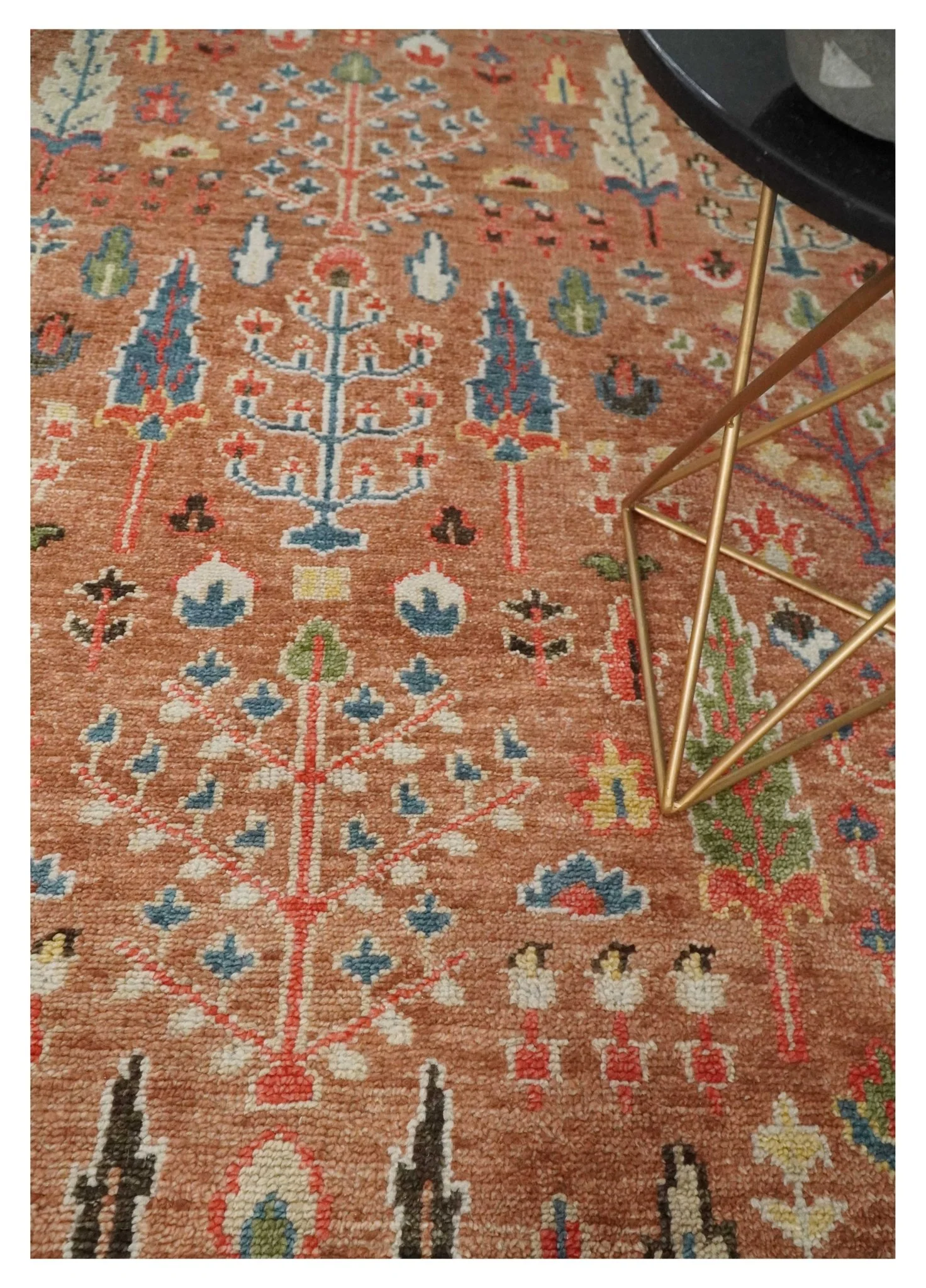 Traditional Oushak Tree of Life Rust and Brown Hand Knotted Wool Rug - Image 2
