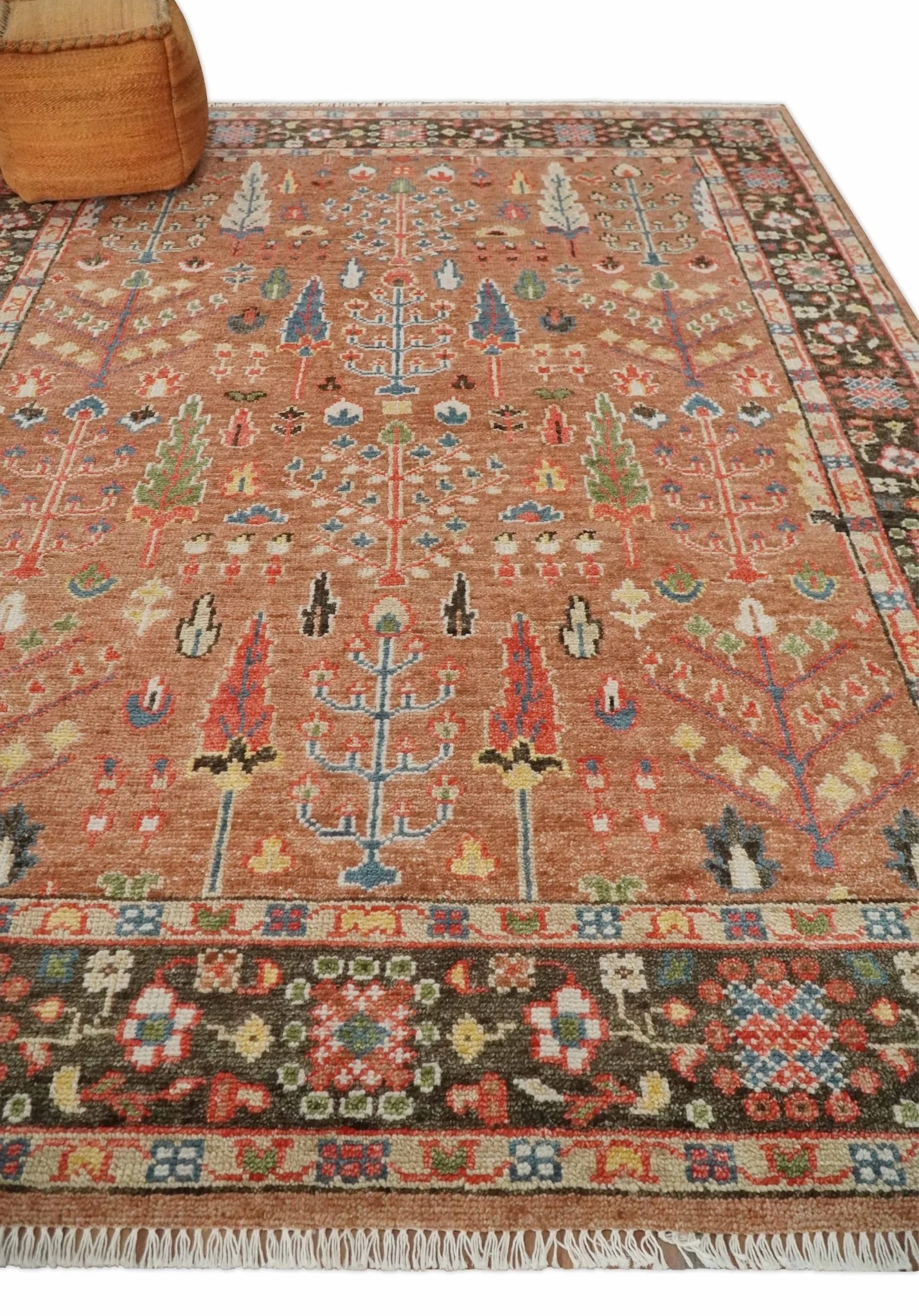 Traditional Oushak Tree of Life Rust and Brown Hand Knotted Wool Rug - Image 3