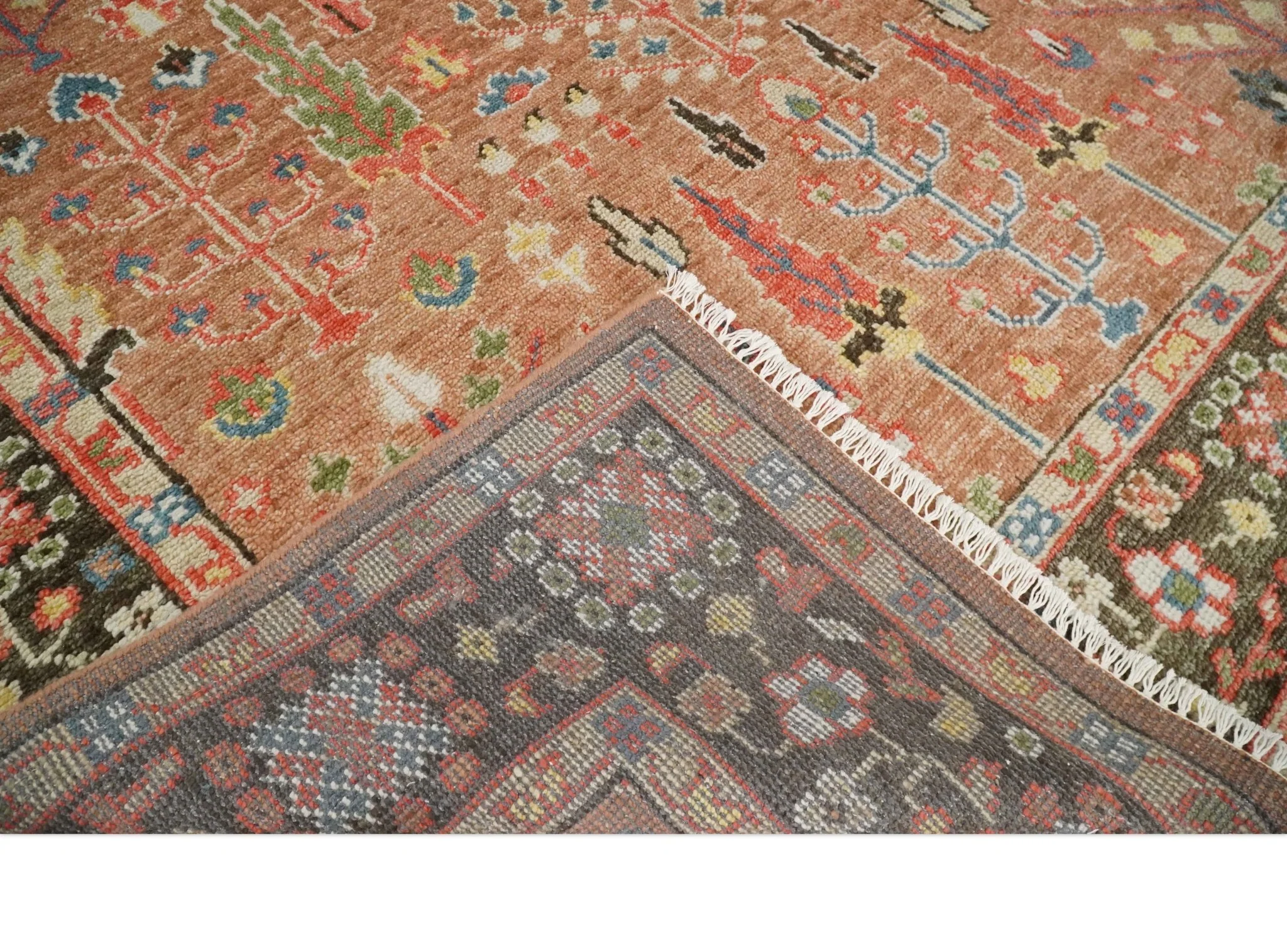 Traditional Oushak Tree of Life Rust and Brown Hand Knotted Wool Rug - Image 8