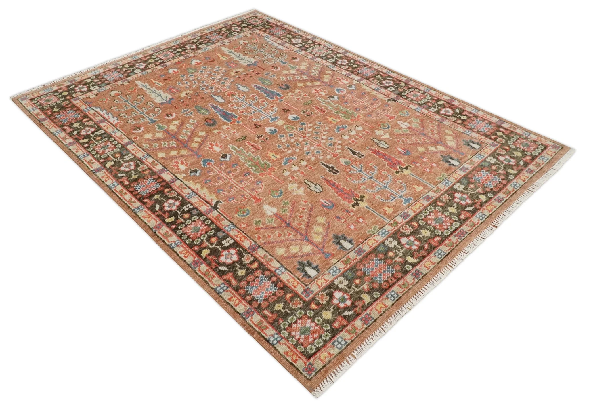 Traditional Oushak Tree of Life Rust and Brown Hand Knotted Wool Rug - Image 9