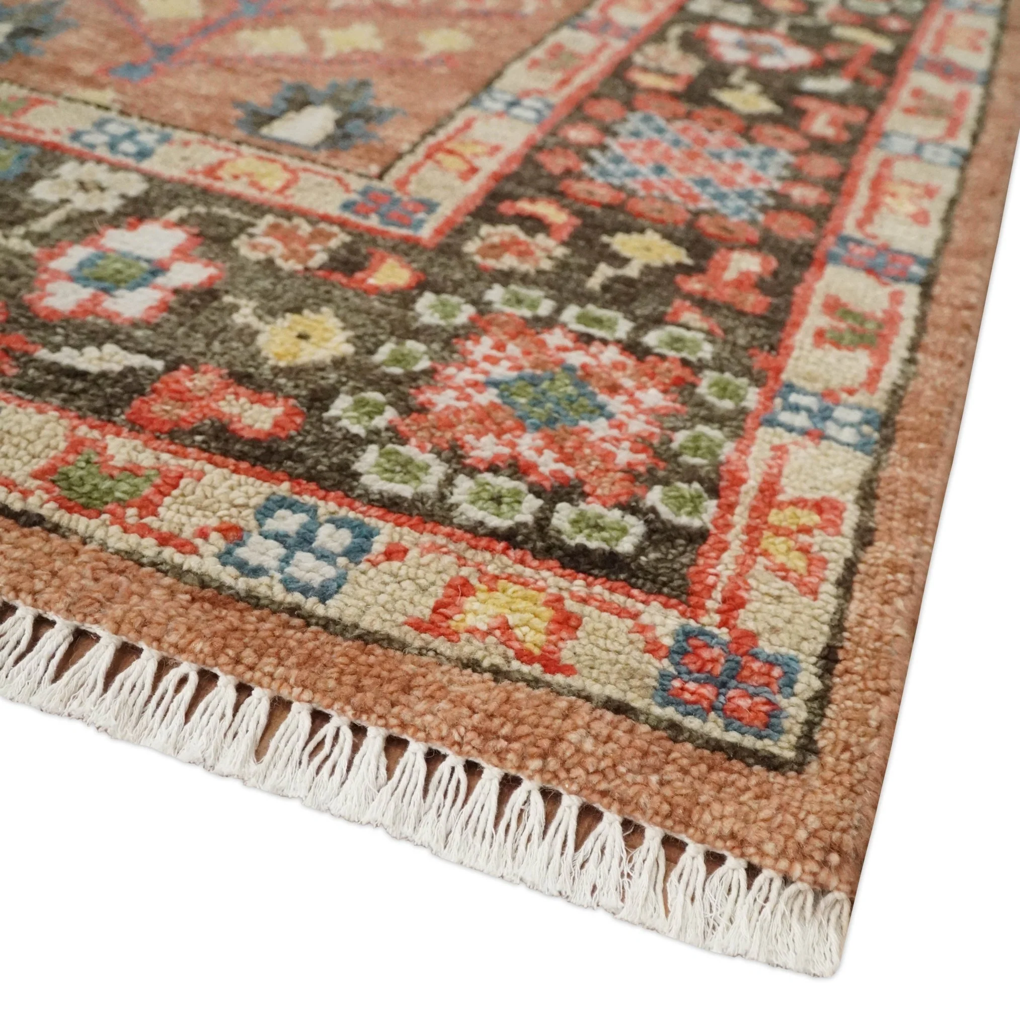 Tree of Life Peach and Brown Hand Knotted 8x10 Traditional Oushak Wool Rug - Image 5