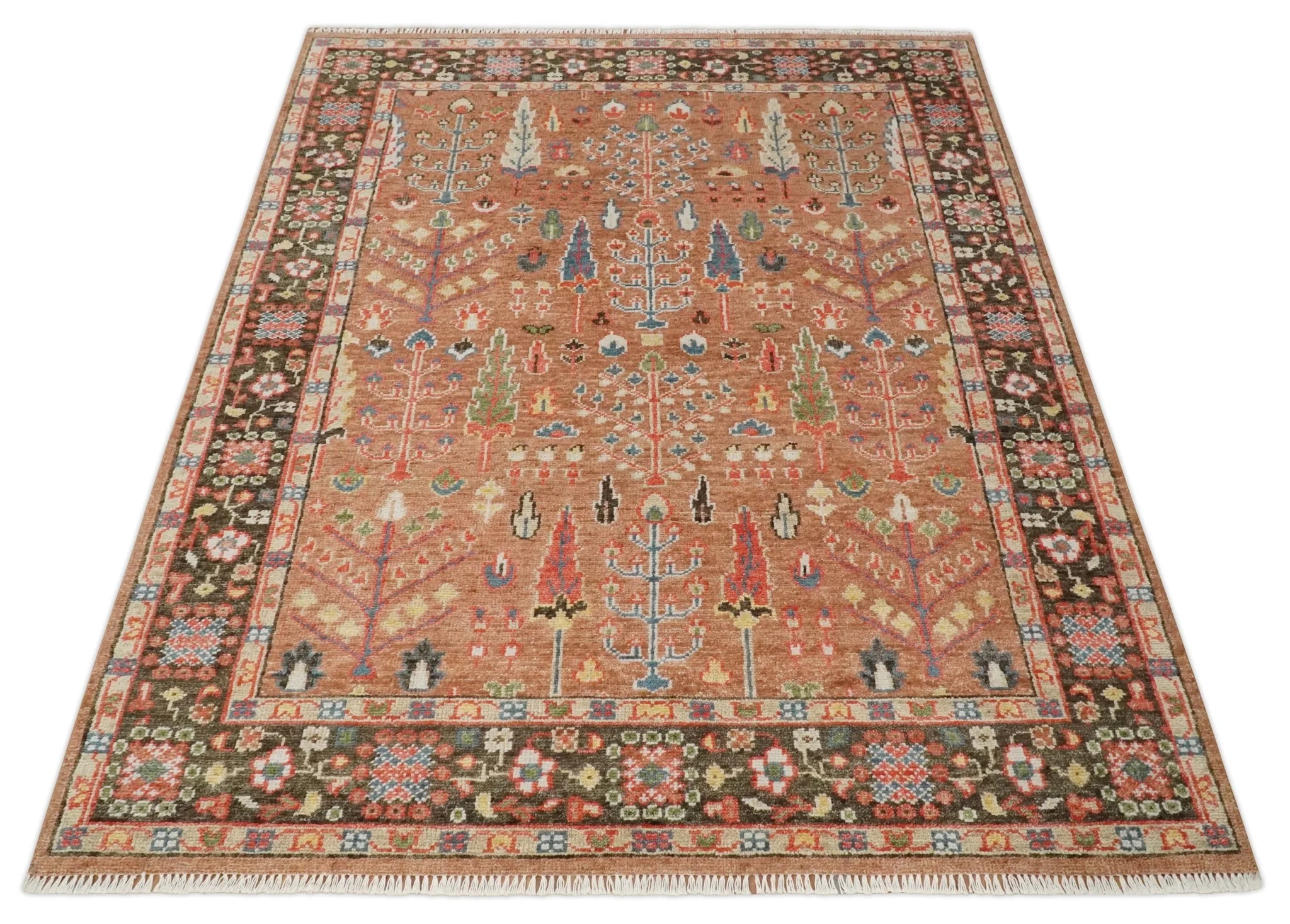 Tree of Life Peach and Brown Hand Knotted 8x10 Traditional Oushak Wool Rug - Image 9