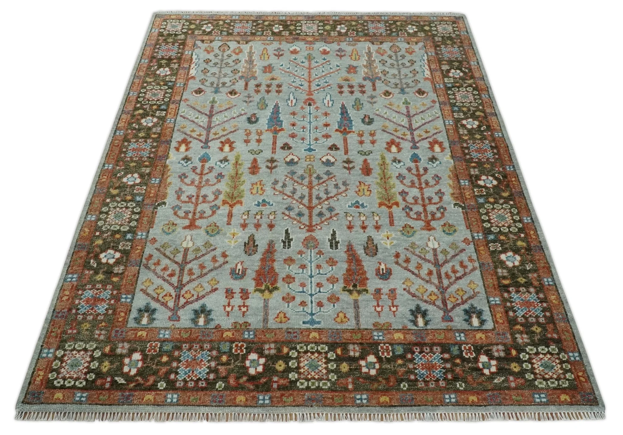 Tree of Life Multi Size Hand Knotted Silver, Brown and Rust Traditional Vintage Oushak Wool Rug - Image 10