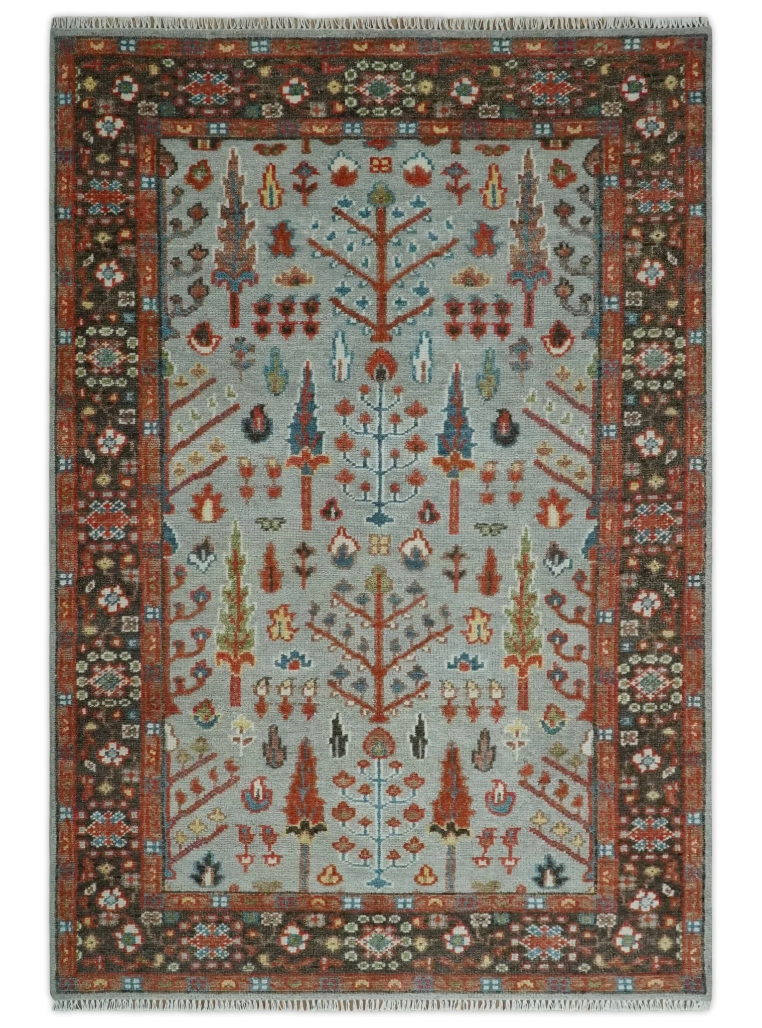 Tree of Life Multi Size Hand Knotted Silver, Brown and Rust Traditional Vintage Oushak Wool Rug - Image 11