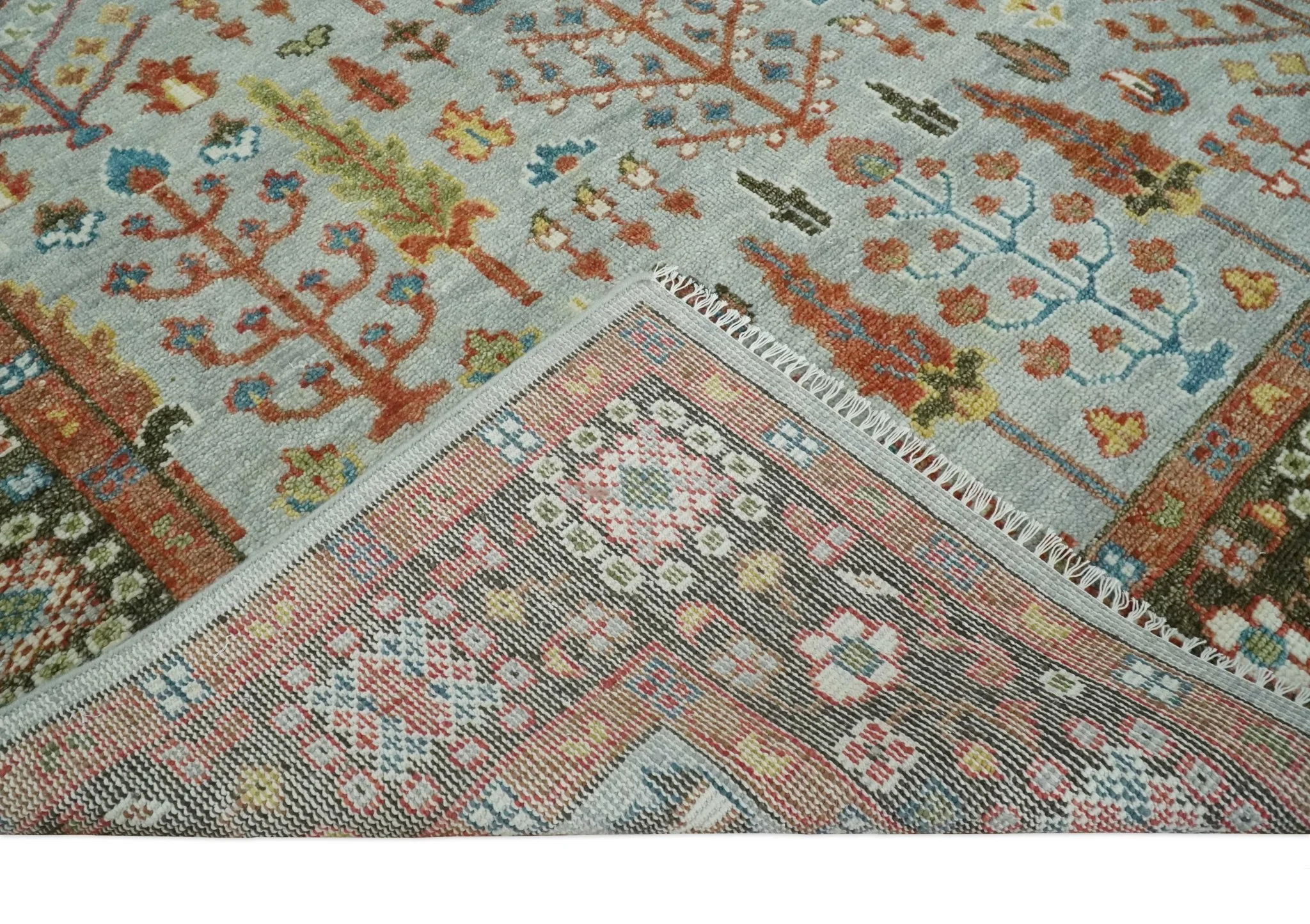 Tree of Life Multi Size Hand Knotted Silver, Brown and Rust Traditional Vintage Oushak Wool Rug - Image 4