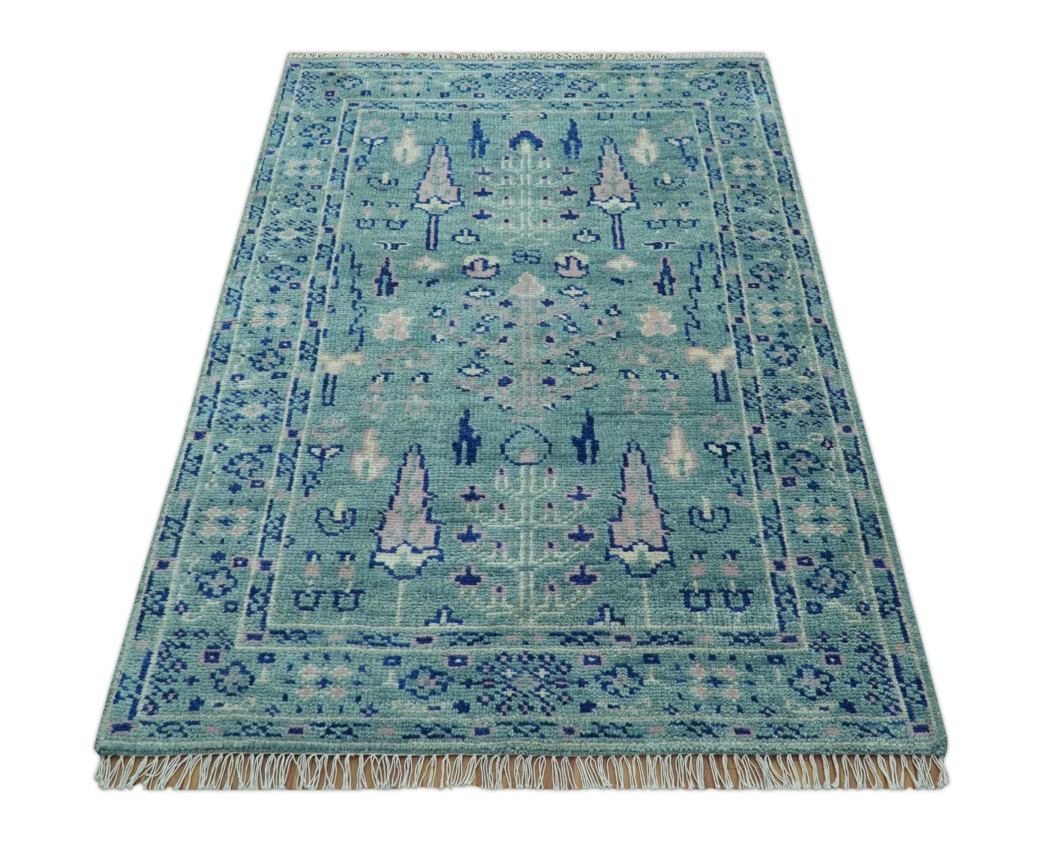Tree of life Teal And Blue Hand knotted 4x6 Wool Area Rug - Image 12