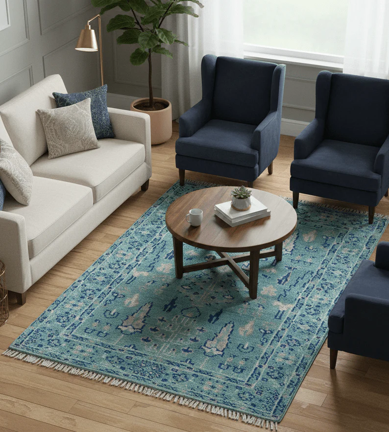 Tree of life Teal And Blue Hand knotted 4x6 Wool Area Rug - Image 2