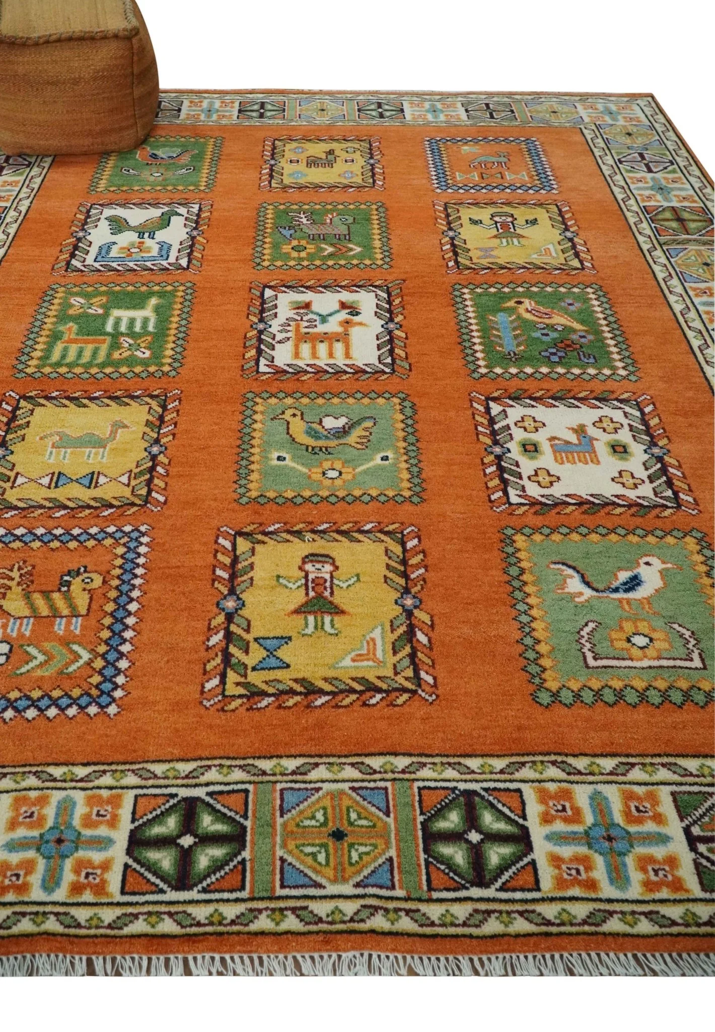 Tribal Gabbeh Rust, Ivory, Green and Beige 8x10 Hand knotted Antique Look Traditional Wool Area Rug - Image 3