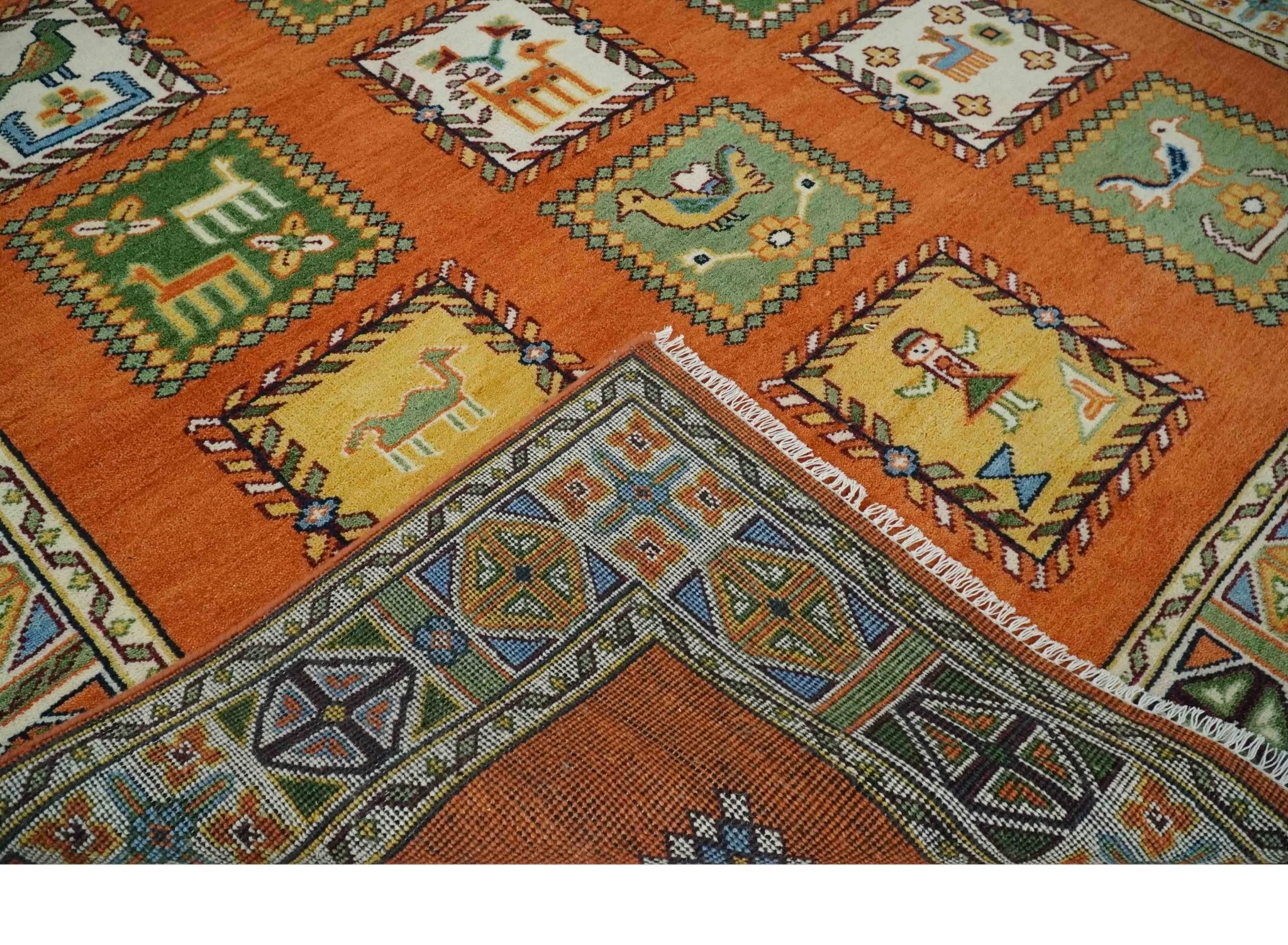 Tribal Gabbeh Rust, Ivory, Green and Beige 8x10 Hand knotted Antique Look Traditional Wool Area Rug - Image 6