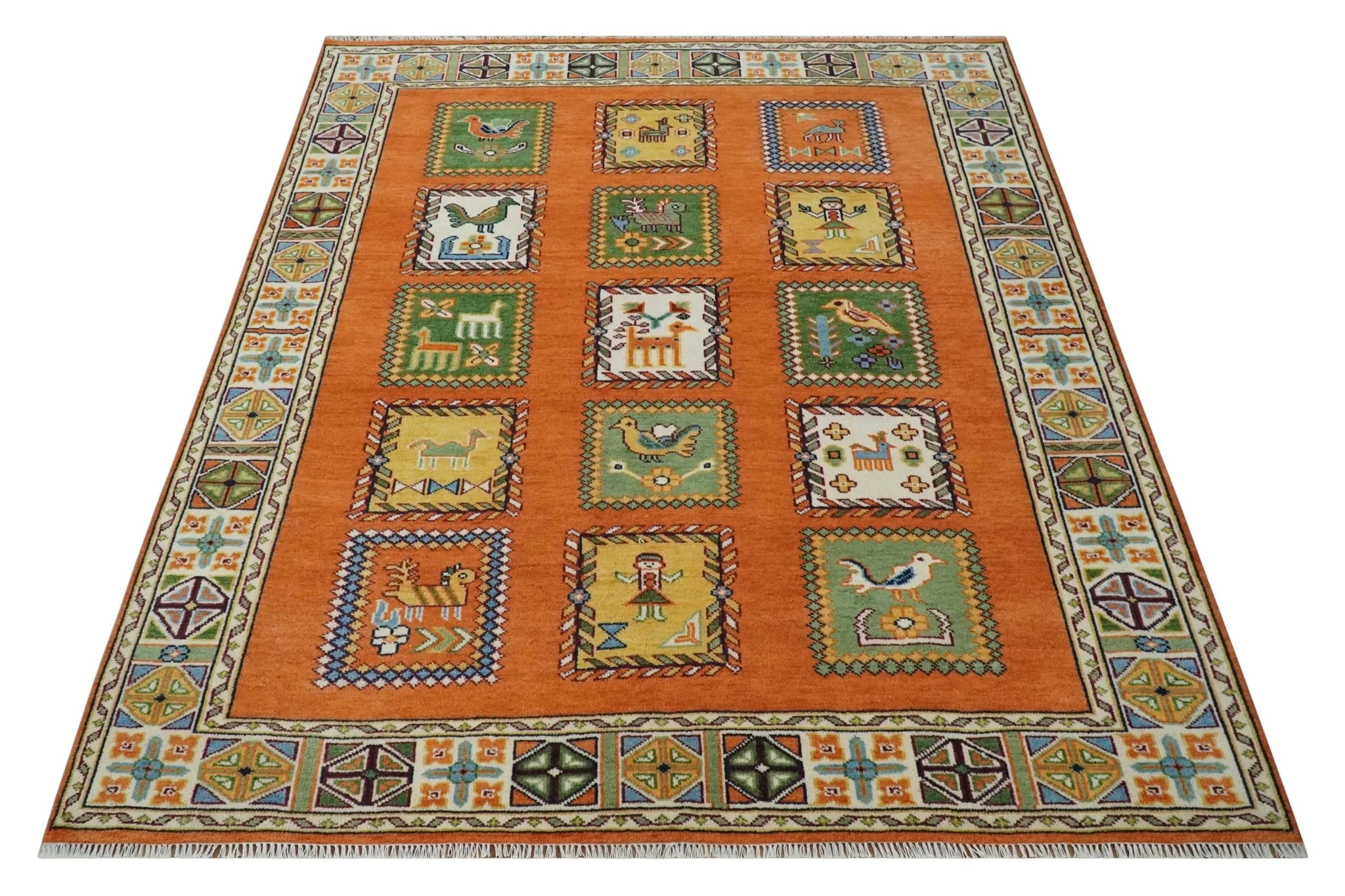Tribal Gabbeh Rust, Ivory, Green and Beige Hand knotted Multi Size Antique Look Traditional Wool Area Rug - Image 10