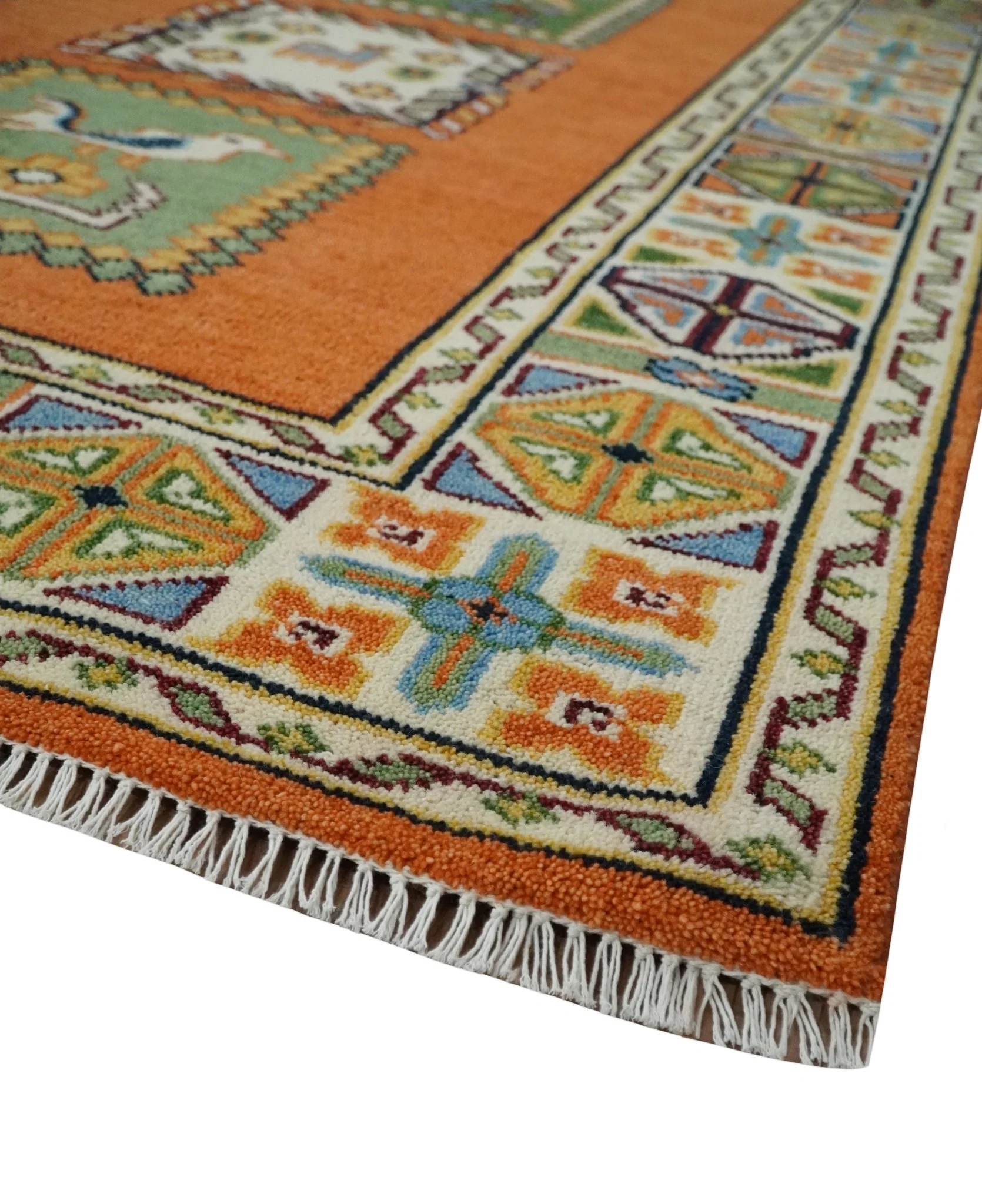 Tribal Gabbeh Rust, Ivory, Green and Beige Hand knotted Multi Size Antique Look Traditional Wool Area Rug - Image 5