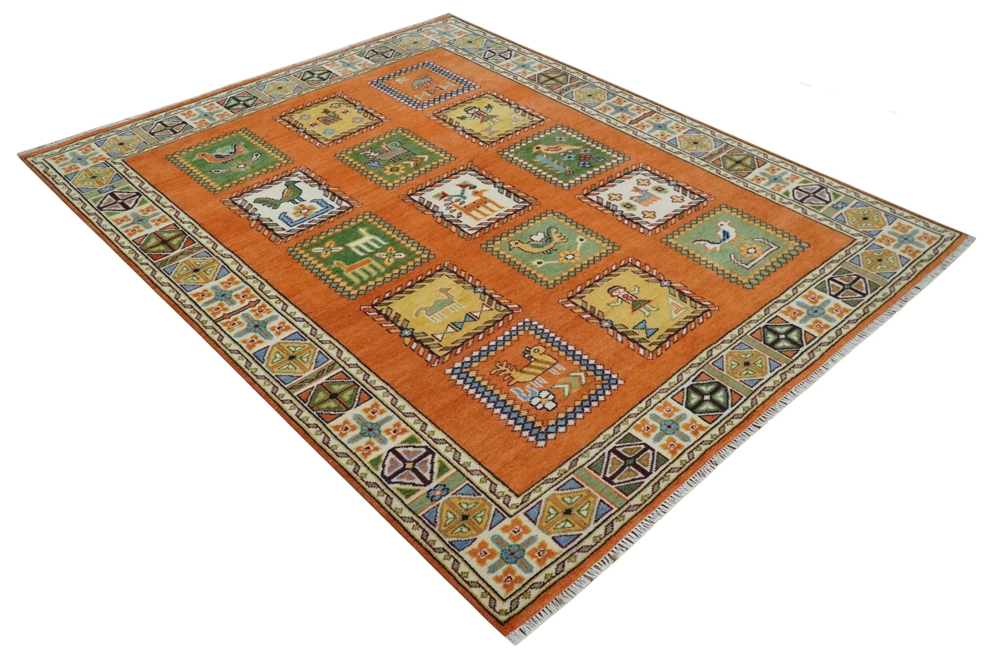 Tribal Gabbeh Rust, Ivory, Green and Beige Hand knotted Multi Size Antique Look Traditional Wool Area Rug - Image 9