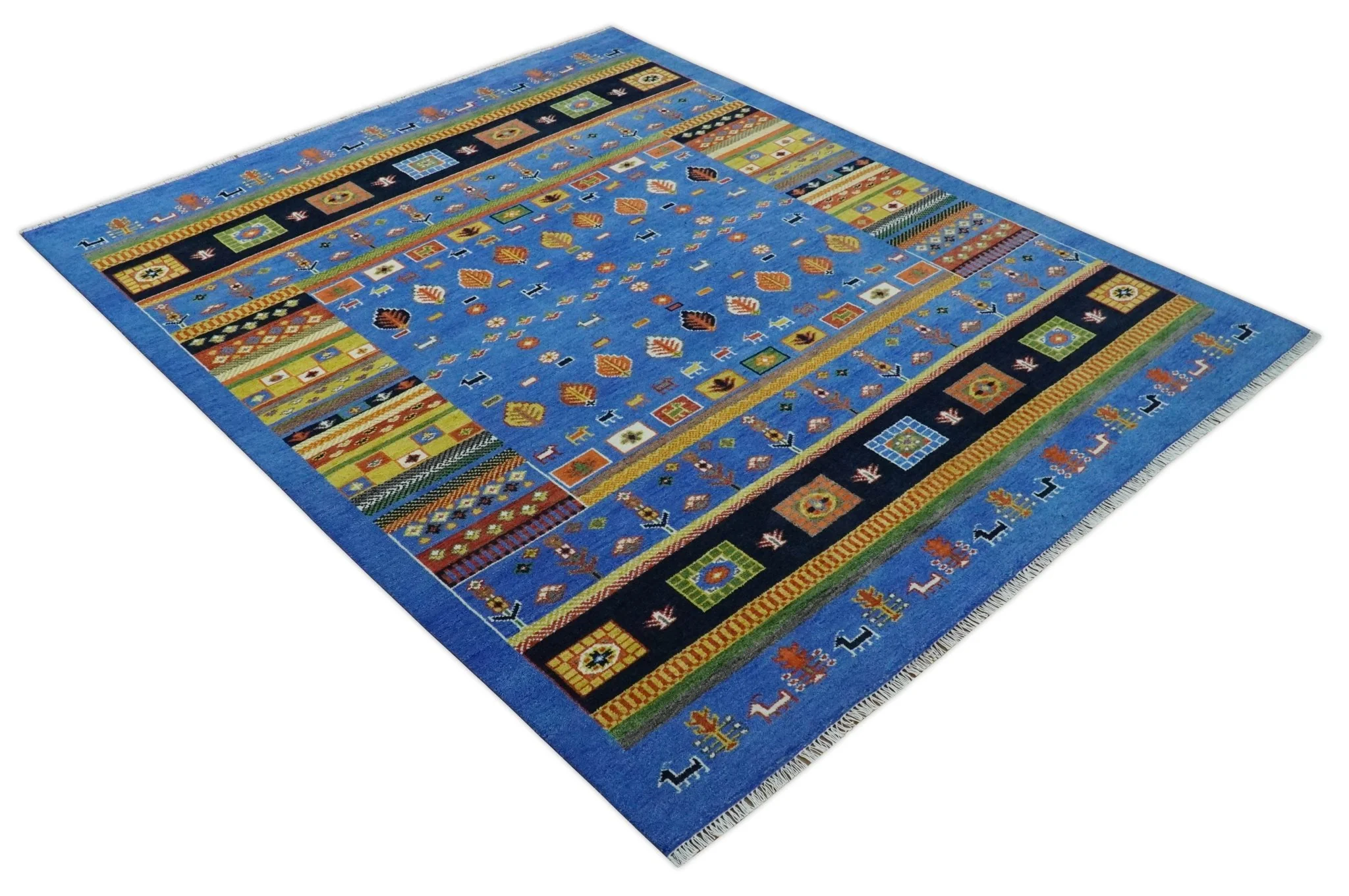 Tribal Gabbeh Blue, Black, Green and Rust Hand knotted Antique Look Traditional Wool Area Rug - Image 10