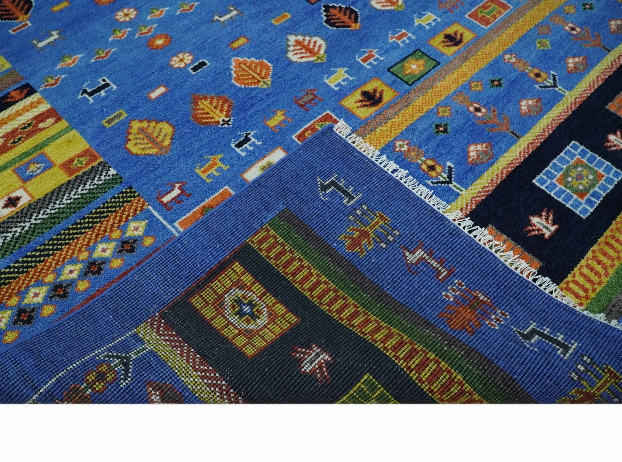 Tribal Gabbeh Blue, Black, Green and Rust Hand knotted Antique Look Traditional Wool Area Rug - Image 6