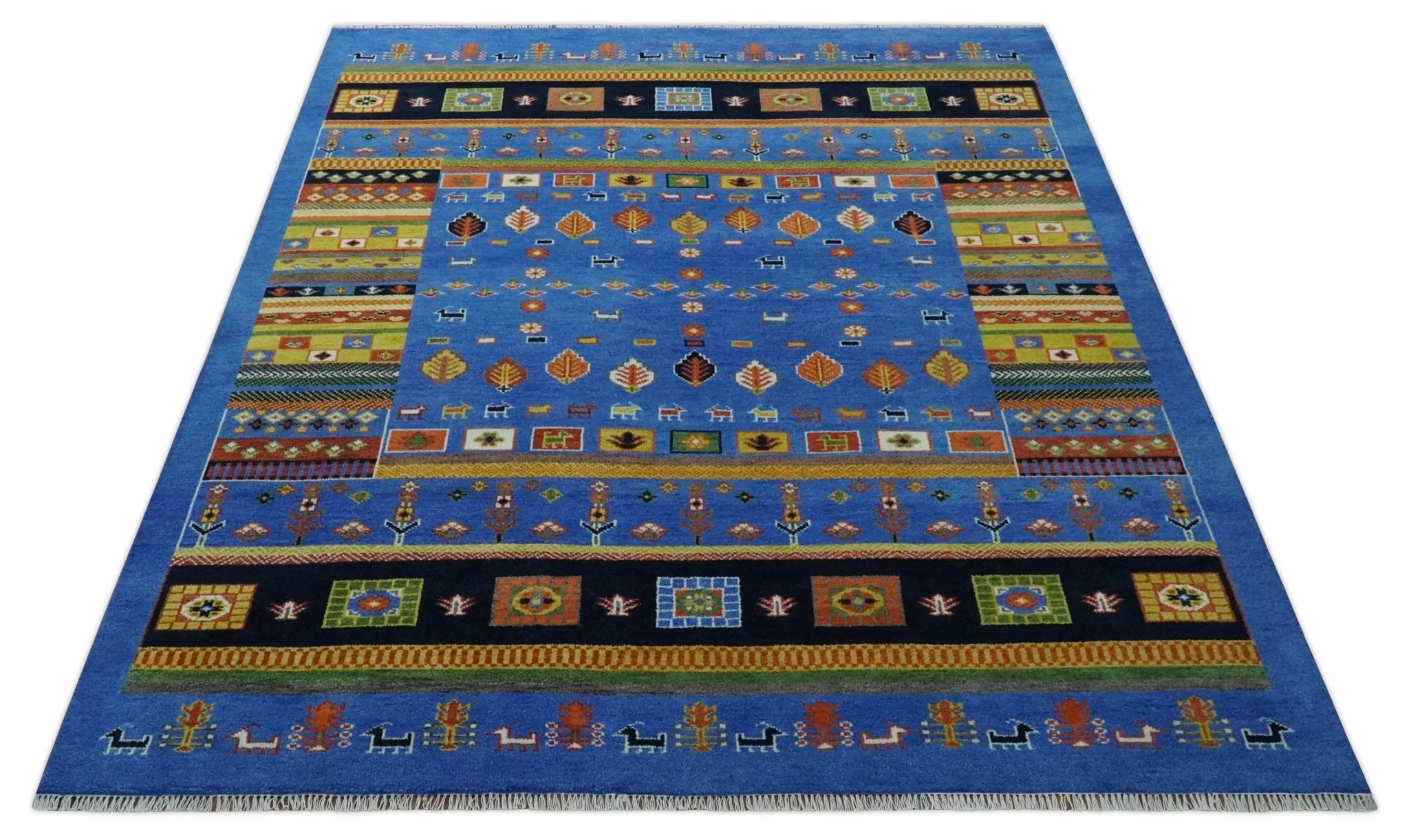 Tribal Gabbeh Blue, Black, Green and Rust Hand knotted Antique Look Traditional Wool Area Rug - Image 9