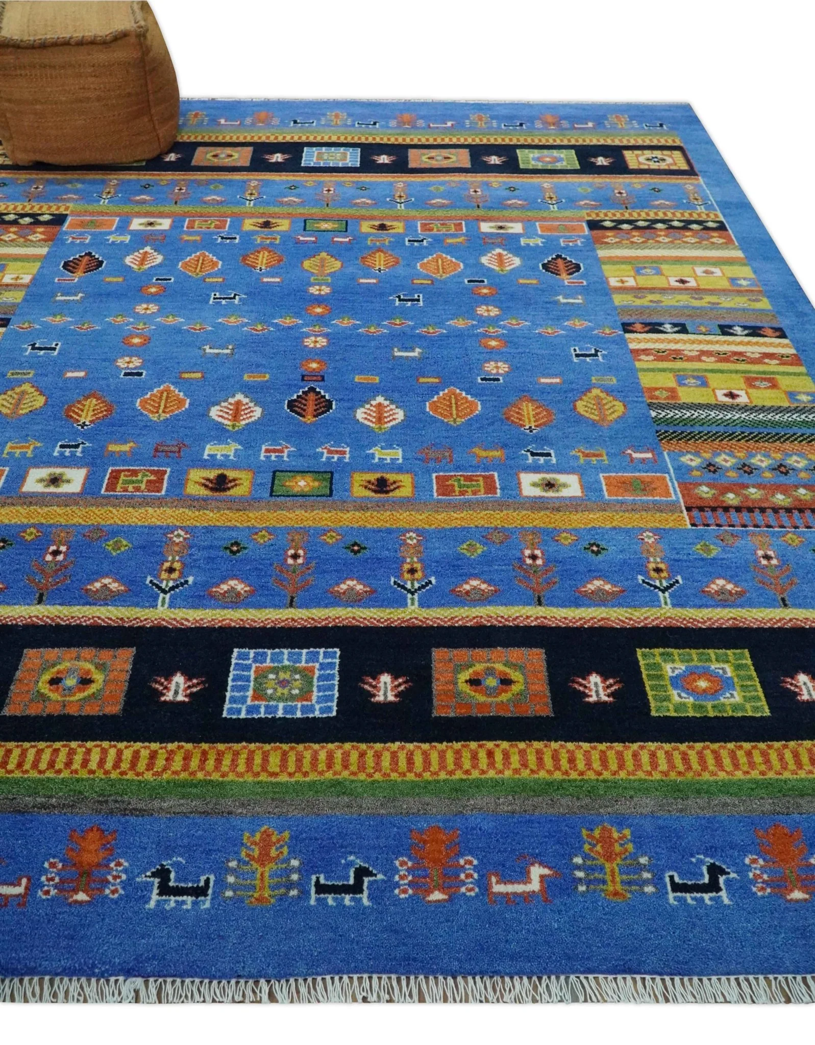 8x10 Tribal Gabbeh Blue, Black, Green and Rust Hand knotted Traditional Wool Area Rug - Image 3