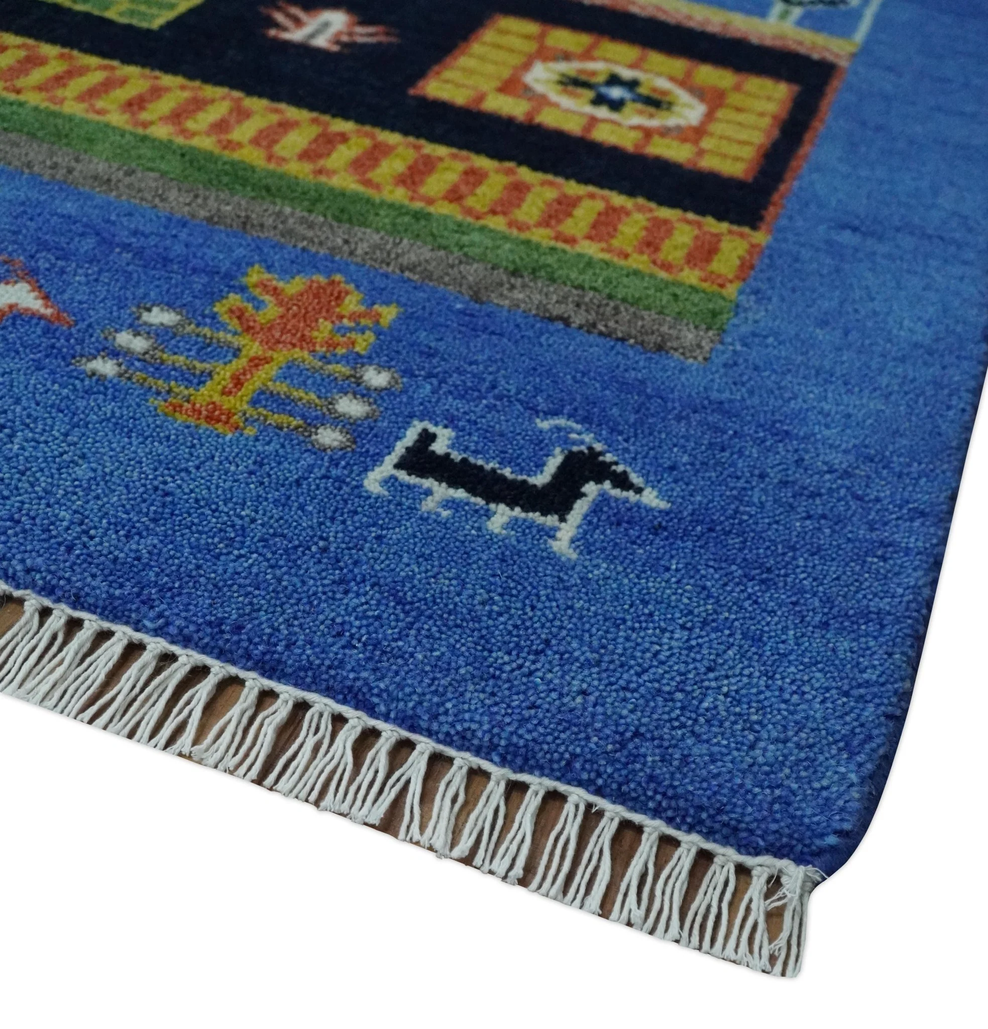 8x10 Tribal Gabbeh Blue, Black, Green and Rust Hand knotted Traditional Wool Area Rug - Image 5