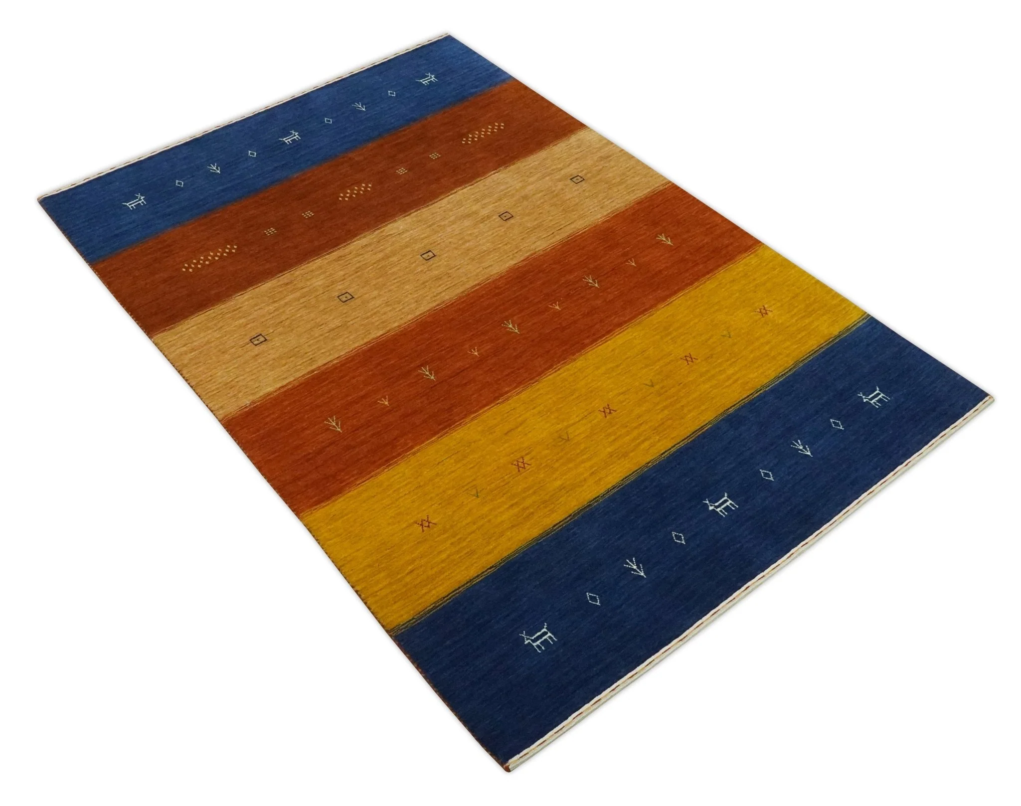 Custom Made Gabbeh Blue, Brown and Gold Stripes Design Wool Rug - Image 10