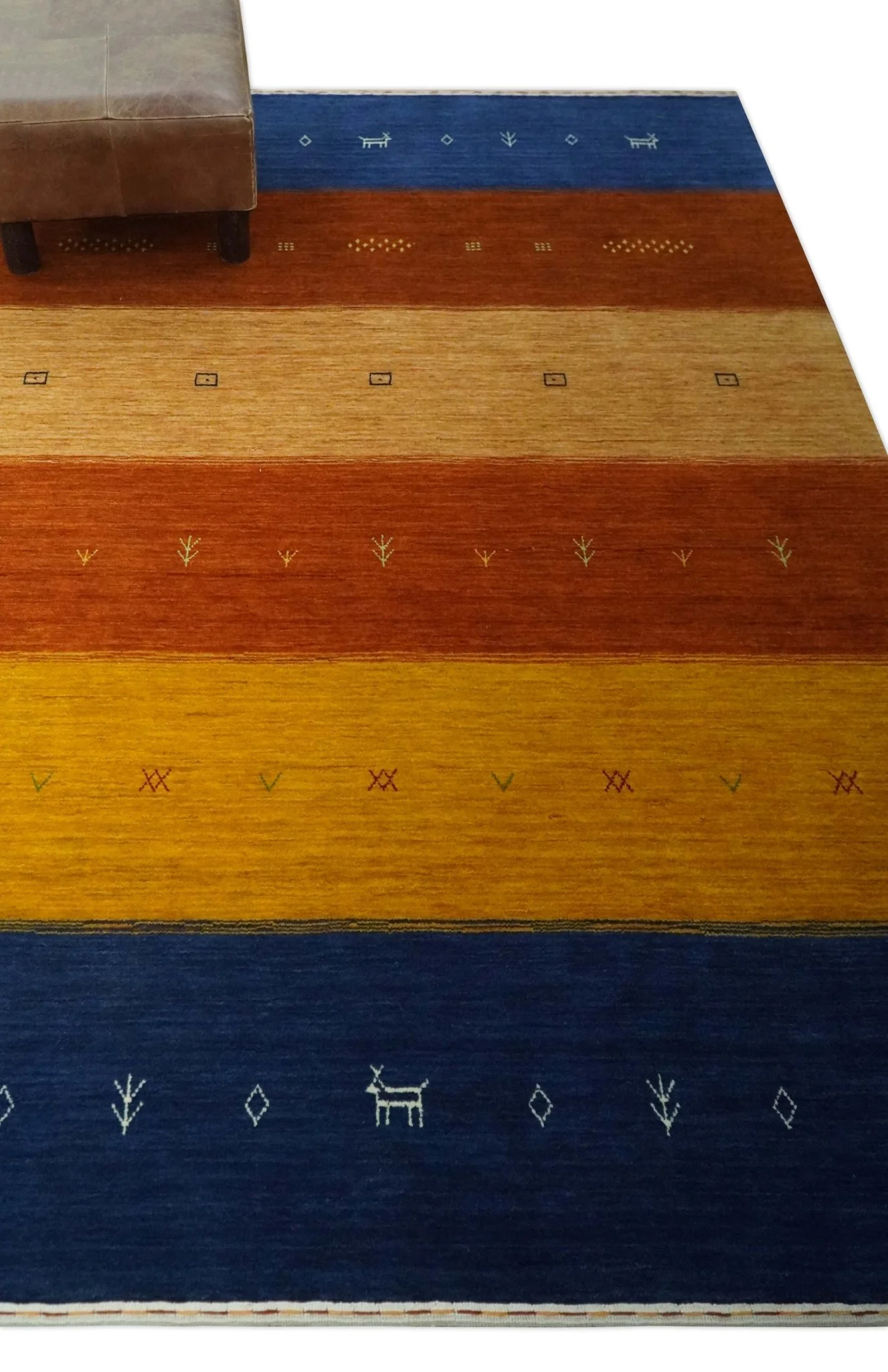 Custom Made Gabbeh Blue, Brown and Gold Stripes Design Wool Rug - Image 3