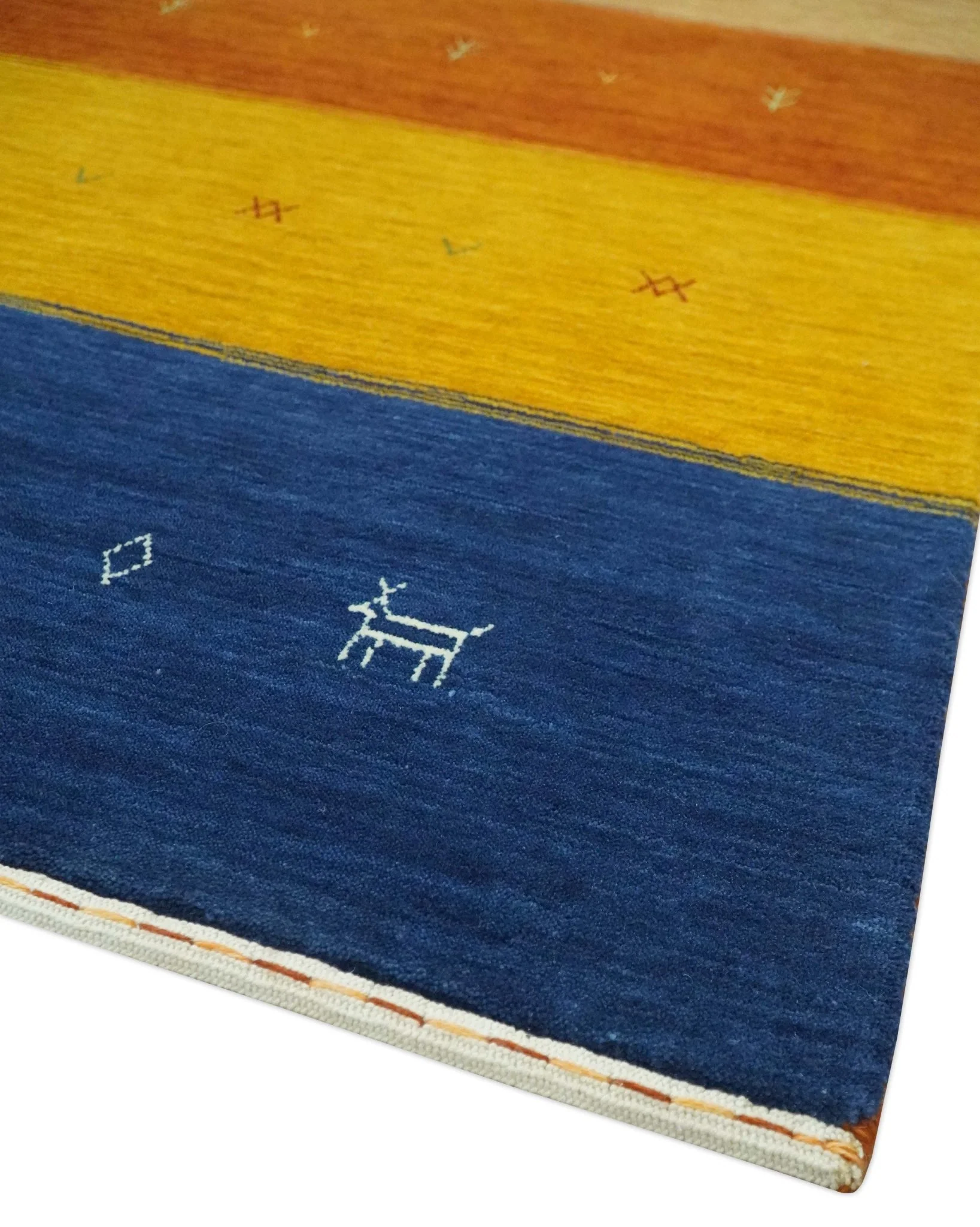 Custom Made Gabbeh Blue, Brown and Gold Stripes Design Wool Rug - Image 5