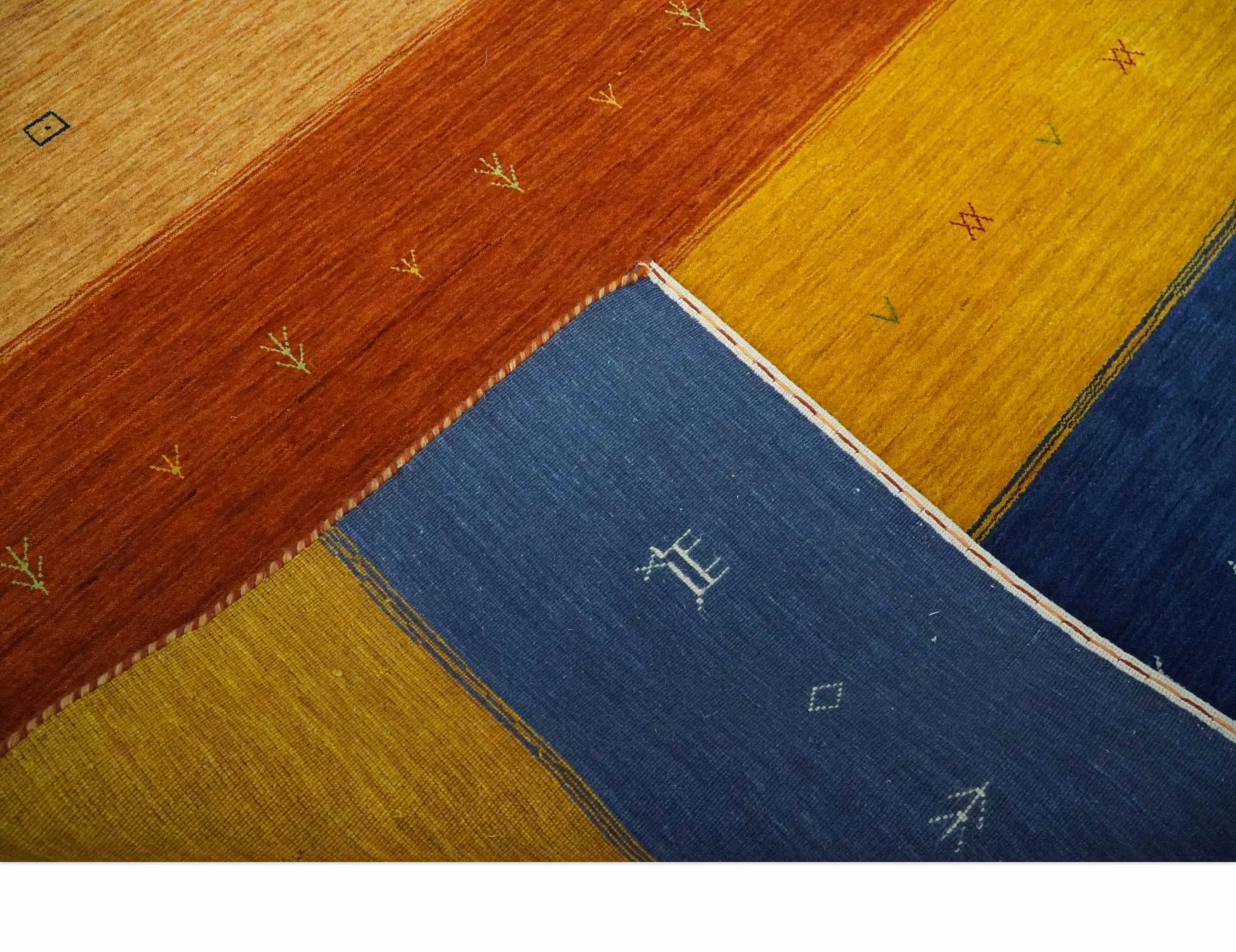 Custom Made Gabbeh Blue, Brown and Gold Stripes Design Wool Rug - Image 7