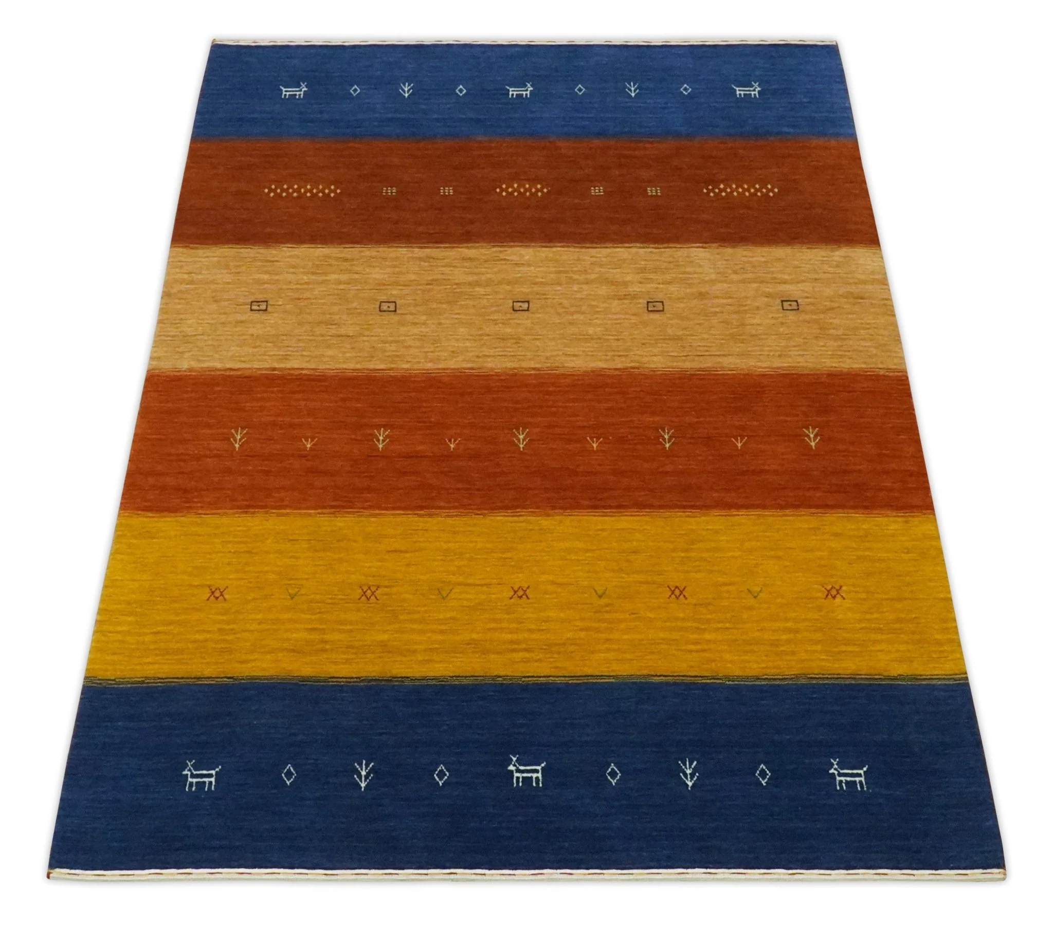 Tribal Gabbeh Blue, Brown, Gold and Rust 4.6x6.6 Stripes Design Wool area Rug - Image 9