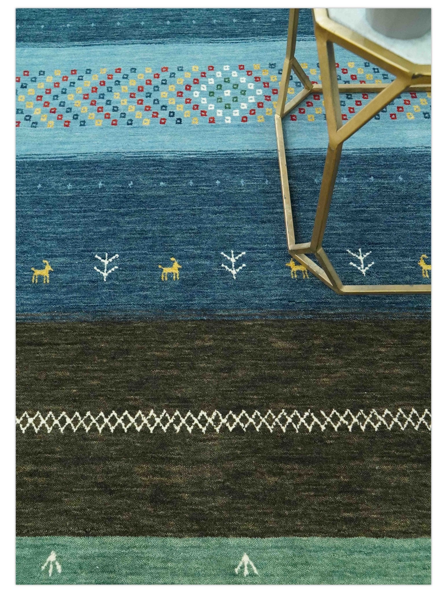 Tribal Gabbeh Blue, Gold, Maroon and Ivory Stripes design Traditional Wool Area Rug - Image 2